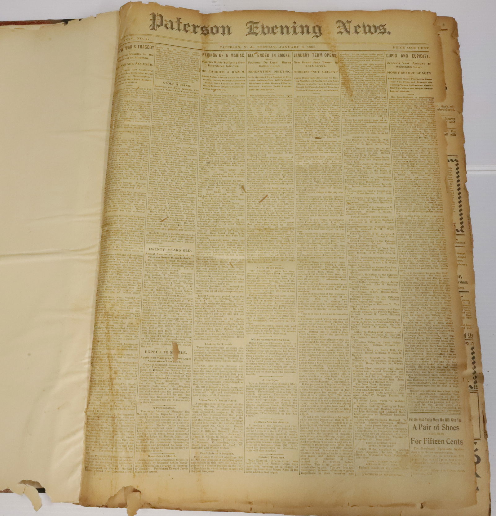 BOUND EDITIONS OF "PATERSON EVENING NEWS" 1898 / 1899: 23 1/2" X 16 1/2".