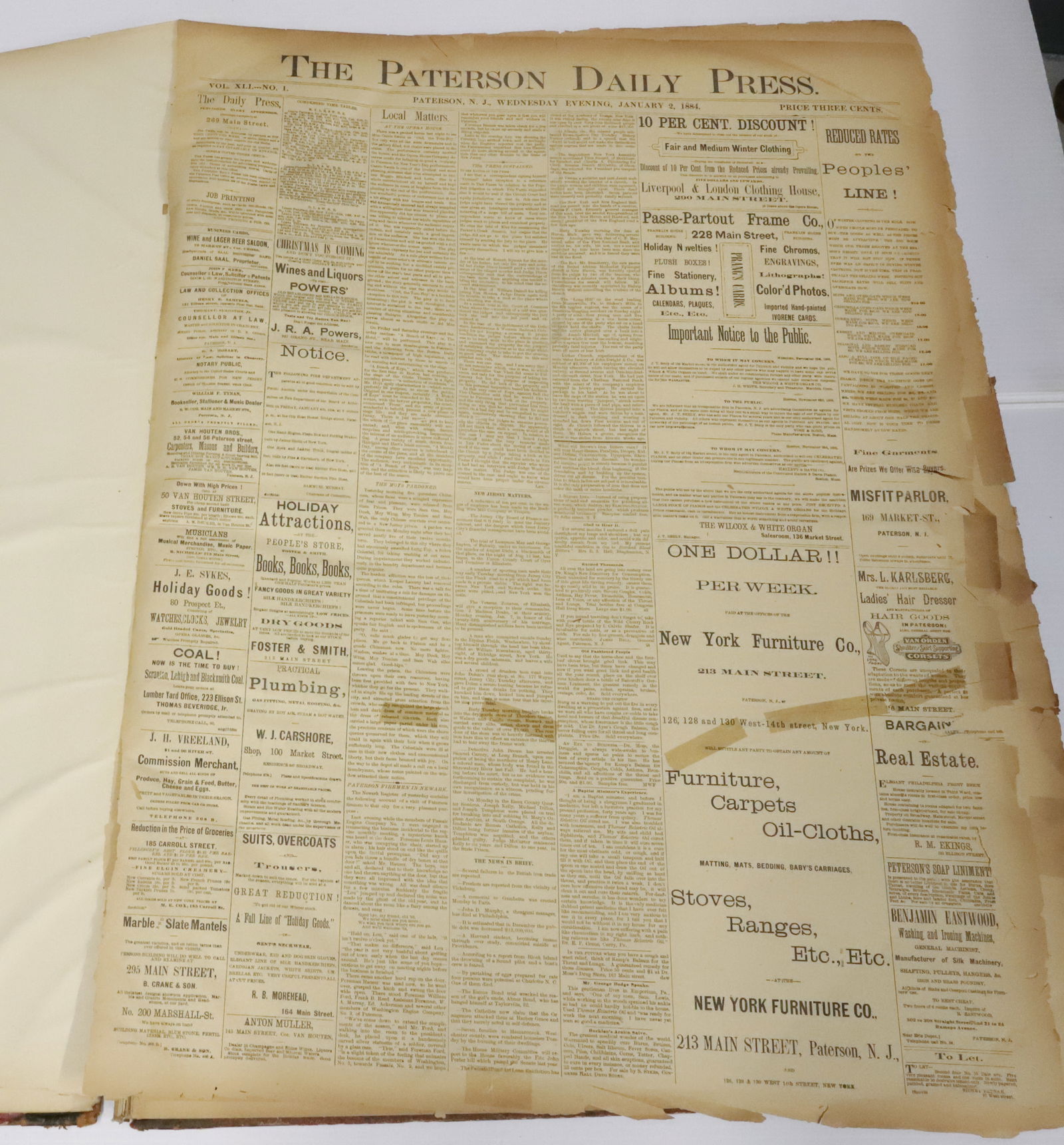 BOUND EDITIONS OF "THE PATERSON DAILY PRESS" 1884: 27" X 20".