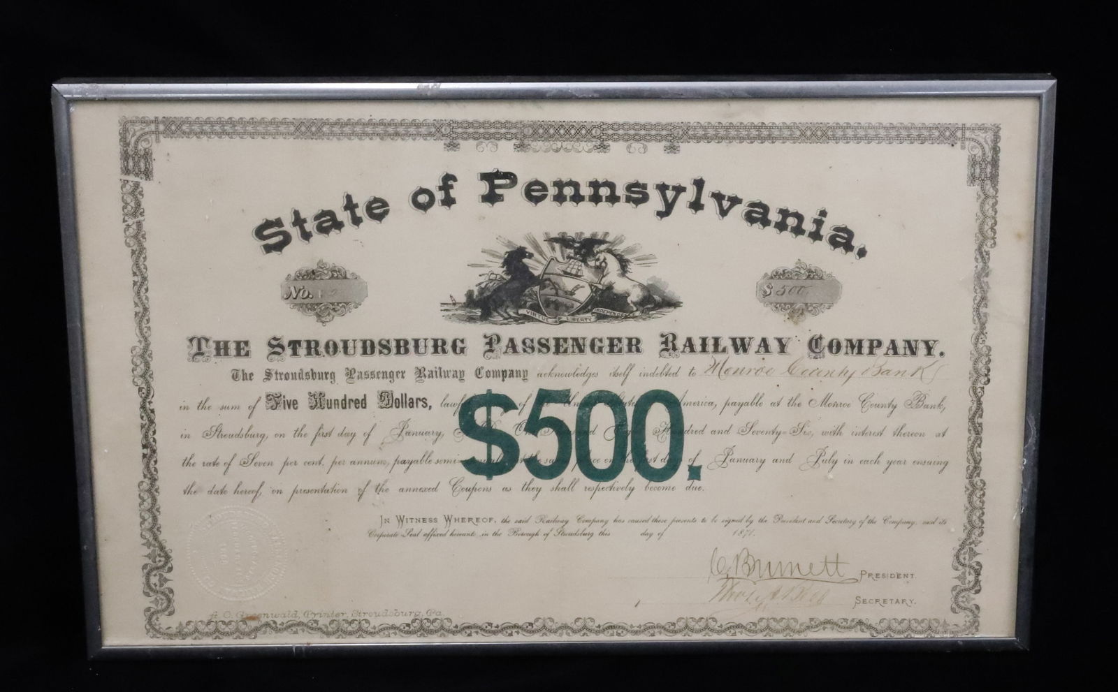 STROUDSBURG, PA FRAMED STOCK CERTIFICATE: STROUDSBURG PASSENGER RAILWAY COMPANY $500 CERTIFICATE. FRAMED UNDER GLASS. 10" X 16 1/4".