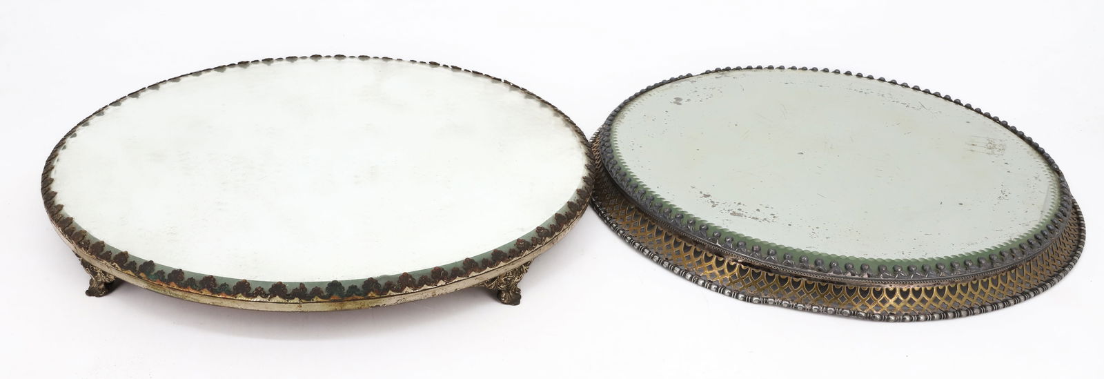 (2) BEVEL MIRROR PLATEAUS: ONE MRKD. "BIGGINS & RODGERS CO. WALLINGFORD, CT" 13 1/4" D. WITH, FOOTED EXAMPLE 14" D.