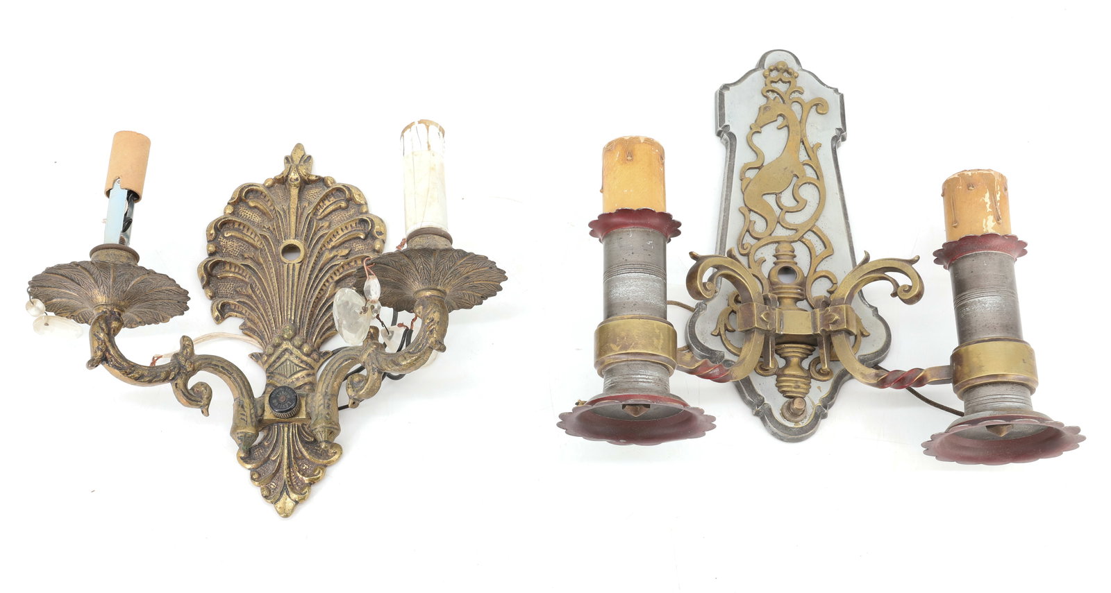(2) ART DECO ERA WALL SCONCES: LARGER IS CAST METAL AND BRASS WITH RED HIGHLIGHTS. 11" X 10 1/2". THE OTHER IS BRONZE WITH SHELL MOTIF BACK.