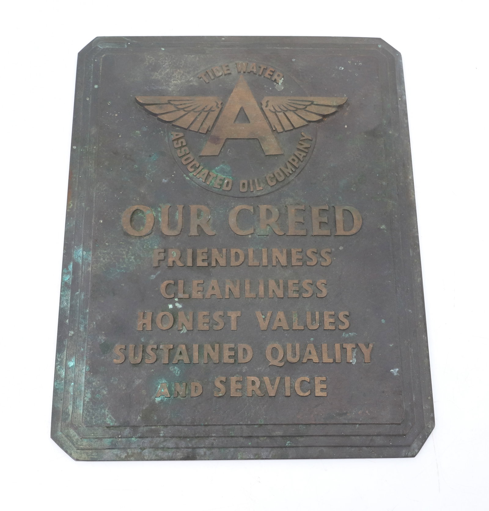 BRONZE TIDE WATER OIL COMPANY PLAQUE, FLYING "A": MOTTO PLAQUE "OUR CREED..." 11 1/2" X 9". MRKD. ON BACK "M. GREENBERG'S SONS, SAN FRANCISCO"