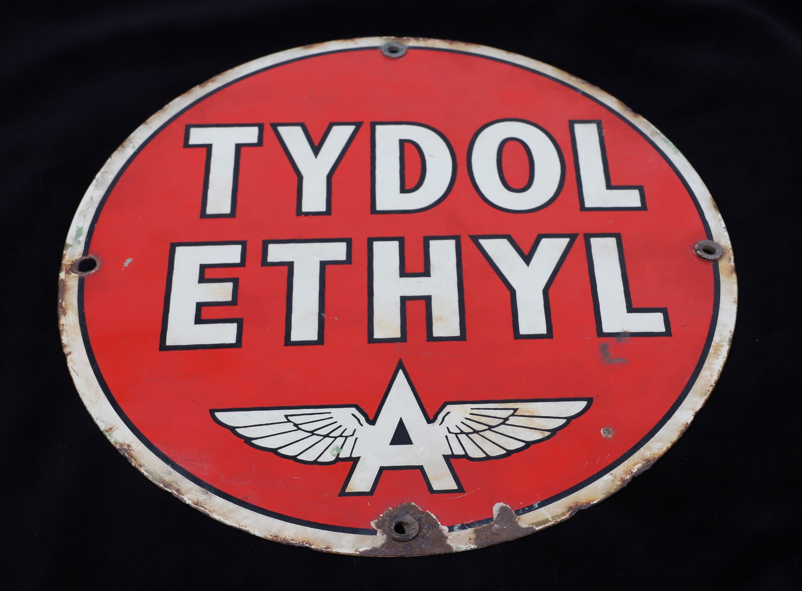 TYDOL ETHYL GAS STATION PUMP SIGN: ROUND FLYING "A" SIGN. PORCELAIN ON METAL. 10" D.