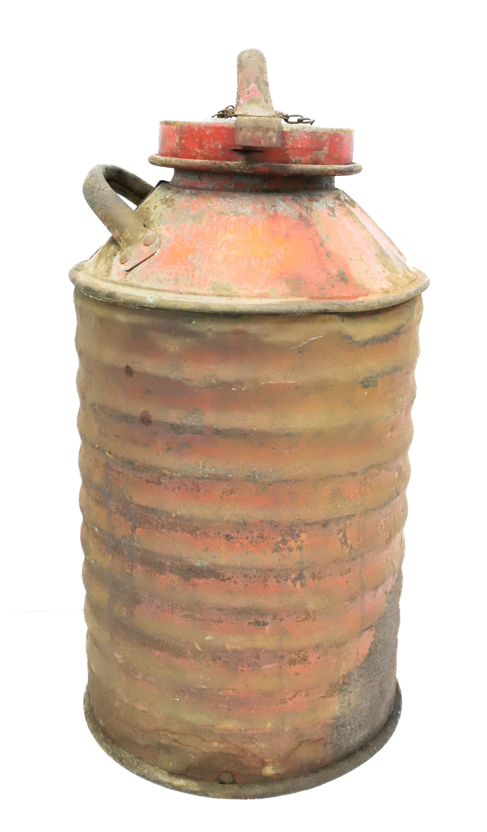 ANTIQUE PAINTED OIL CAN: PAINTED RIBBED BODY, SCREW ON LID AND MRKD. "PROPERTY OF T.W.A.O. CO." 22 1/2" H.
