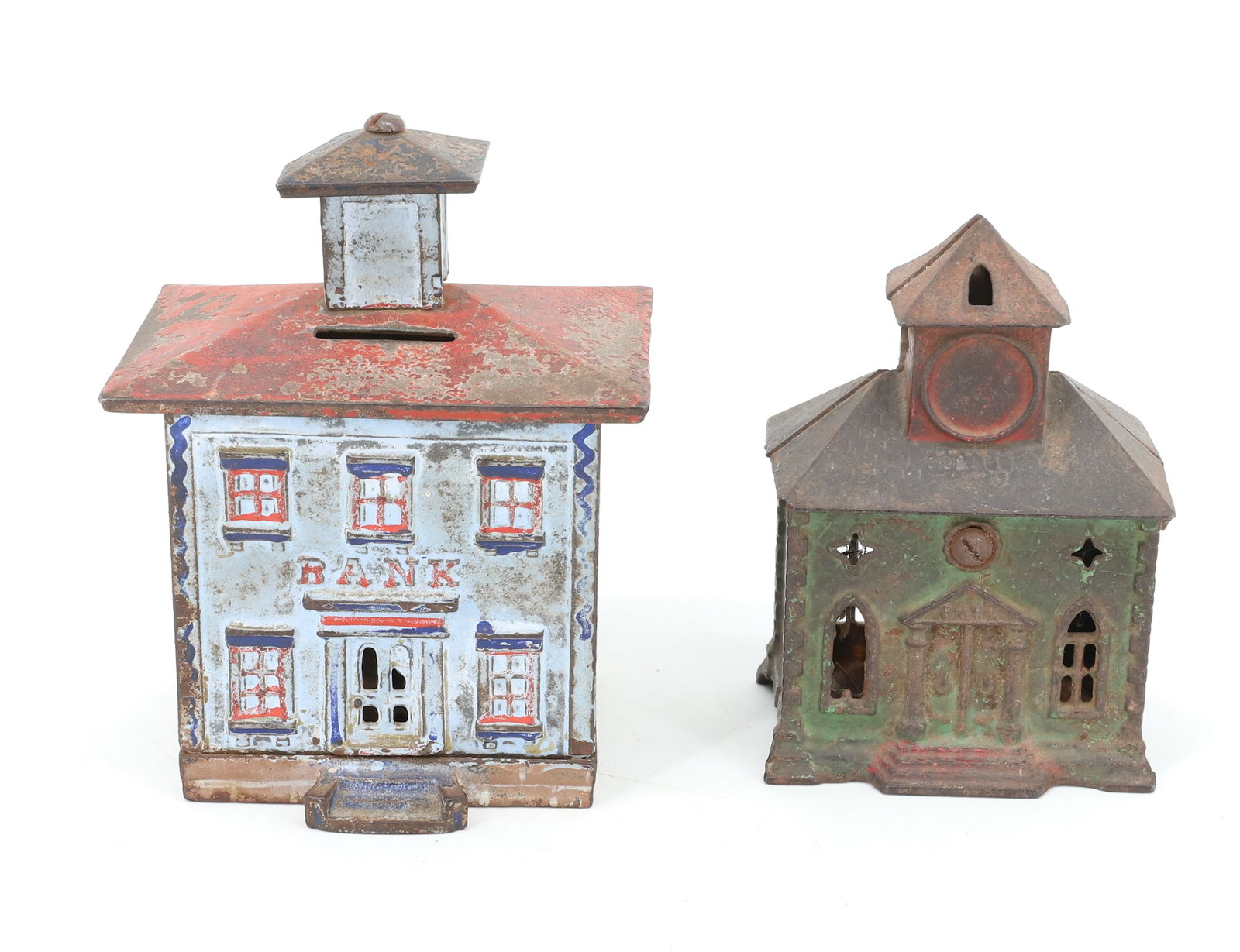 (2) PAINTED CAST IRON STILL BANKS: SMALLER HAS RED / GREEN PAINT, MRKD. BANK OVER DOOR AND PATENT ON BACK EDGE. 4 3/4" X 3 3/8" (WINDOW IS BROKEN OUT, REPLACED SCREW). LARGER HAS RED / WHITE / BLUE PAINT, MRKD. BANK OVER DOOR. 5