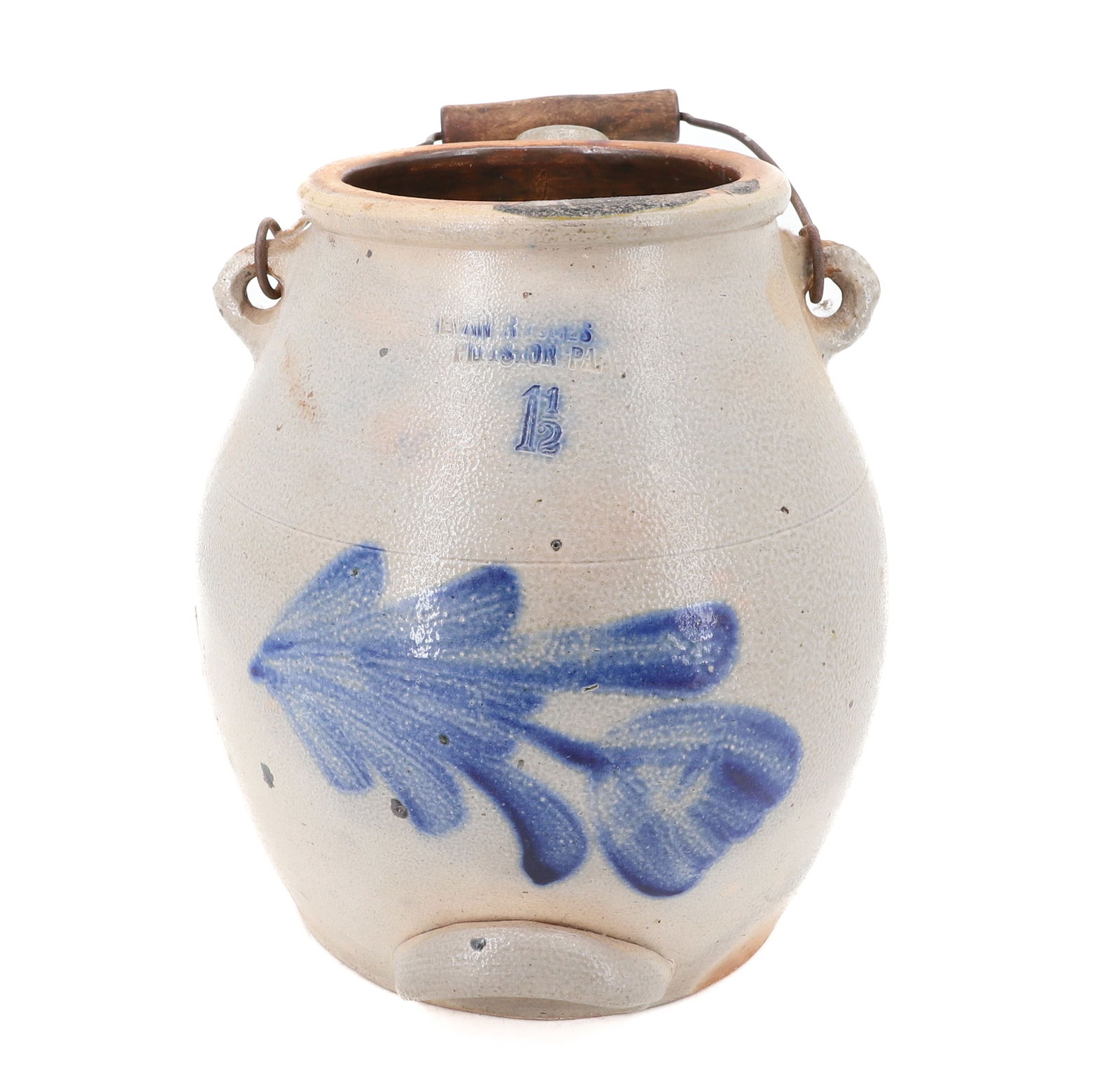 PITTSTON, PA BLUE DECORATED BATTER JUG: 1 1/2 GALLON MRKD. "EVAN JONES, PITTSTON, PA" BLUE FLORAL DECORATION. 9 3/4" H. WITH, LID (NOT ORIGINAL)