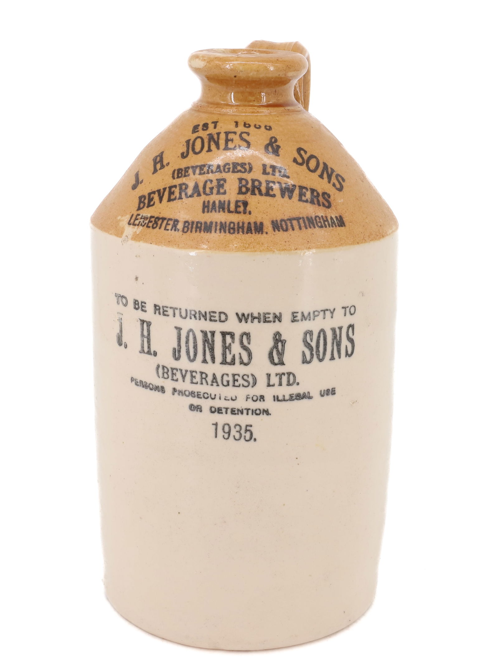 ENGLISH STONEWARE ADVERTISING JUG: J.H. JONES & SONS, BEVERAGE BREWERS, 1935 10 1/2" H.