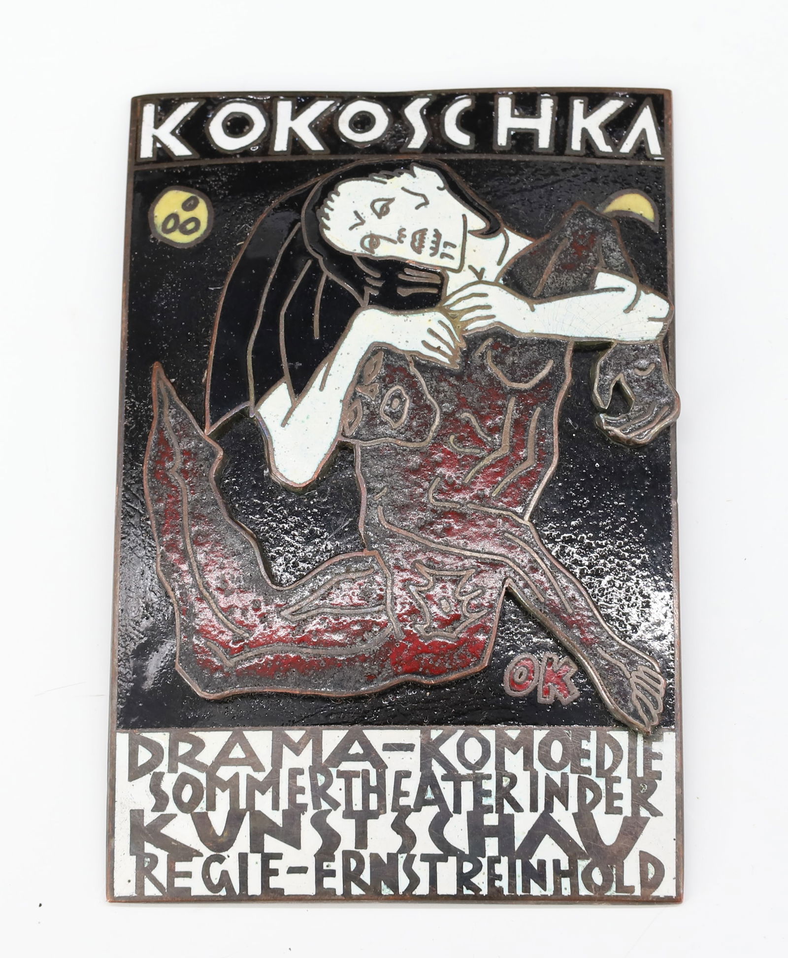 ENAMEL / COPPER OSKAR KOKOSCHKA PLAQUE: SMALL DECORATIVE PLAQUE DEPICTING THE 1909 POSTER FOR "MURDERER, HOPE OF WOMEN". 3 1/2" X 2 3/8".