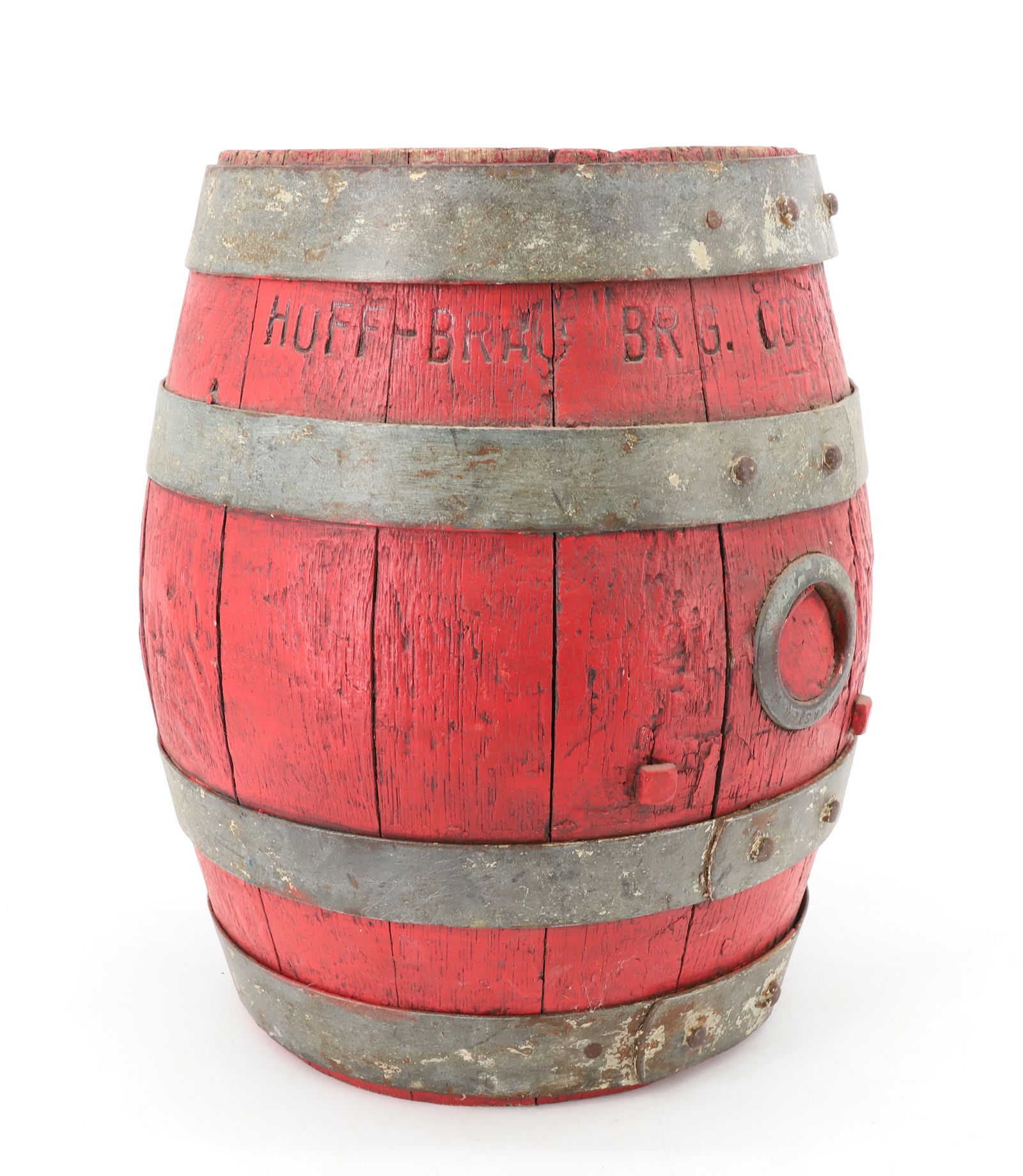 HOFF-BRAU PAINTED BEER KEG: WOOD WITH METAL BANDING. IMPRESSED NAME AND "FT. WAYNE, IND." AT TOP. 15 1/2" X 13".