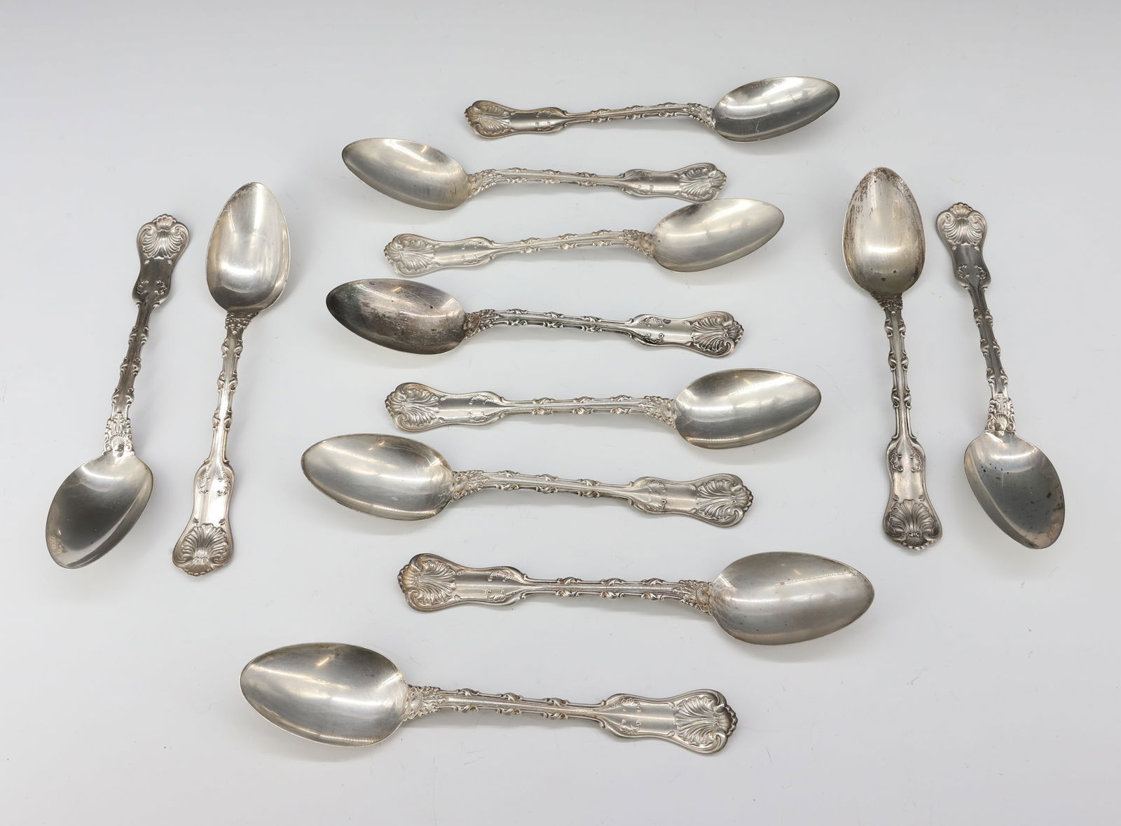 (12) STERLING SILVER TEASPOONS WHITING: WHITING CO. IMPERIAL QUEEN PATTERN (12) TEASPOONS PATENT 1893 6 1/8"L TOTAL WEIGHT 7.6 OZT PLEASE READ CAREFULLY - SINCE THIS IS A JEWELRY AND COIN SALE PLEASE NOTE. ITEMS MUST BE PAID FOR THROUGH LIV