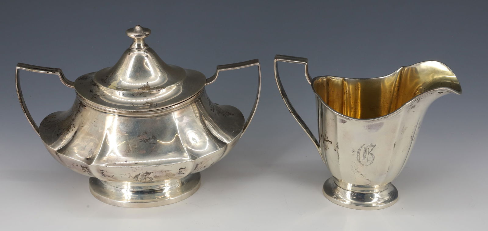 STERLING SILVER COVERED SUGAR BOWL AND CREAMER (1 of 3)