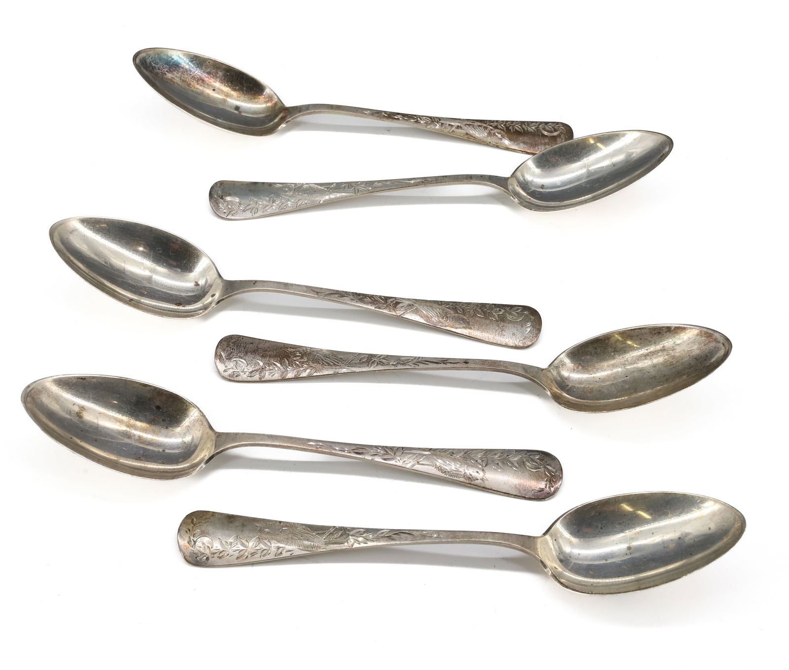 (6) STERLING SILVER TEASPOONS: GORHAM BRIGHT CUT ENGRAVED 5 3/4" L 3.7 OZT PLEASE READ CAREFULLY - SINCE THIS IS A JEWELRY AND COIN SALE PLEASE NOTE. ITEMS MUST BE PAID FOR THROUGH LIVE AUCTIONEERS OR WITH CASH OR CHECK IN PERSON -