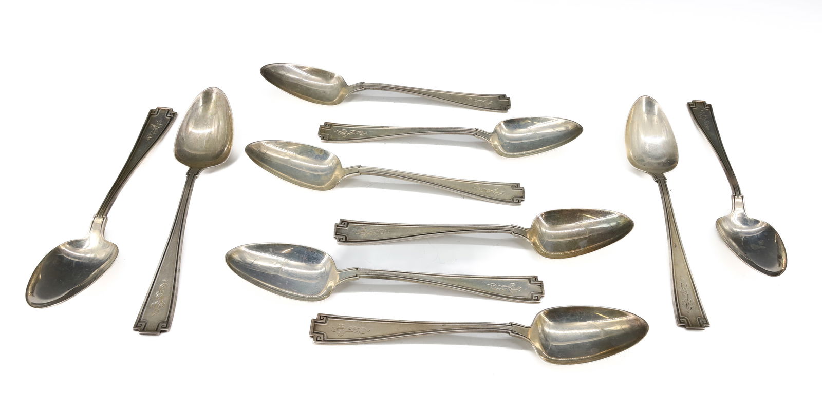 (10) STERLING SILVER TEASPOONS: GORHAM ETRUSCAN PATTERN WITH MONOGRAM 5 3/4"L TOTAL WEIGHT 6.5 OZT PLEASE READ CAREFULLY - SINCE THIS IS A JEWELRY AND COIN SALE PLEASE NOTE. ITEMS MUST BE PAID FOR THROUGH LIVE AUCTIONEERS OR WITH CA