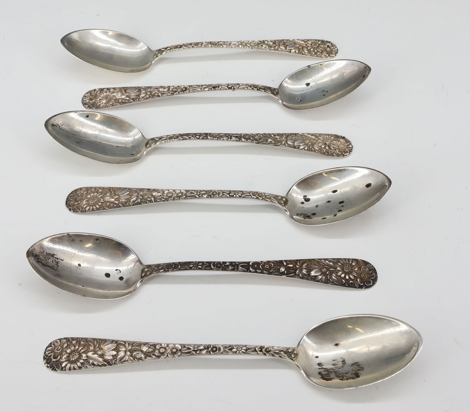 (6) STERLING SILVER REPOUSSE TEASPOONS: KIRK & SON REPOUSSE PATTERN 5 5/8"L TOTAL WEIGHT 4.4 OZT PLEASE READ CAREFULLY - SINCE THIS IS A JEWELRY AND COIN SALE PLEASE NOTE. ITEMS MUST BE PAID FOR THROUGH LIVE AUCTIONEERS OR WITH
