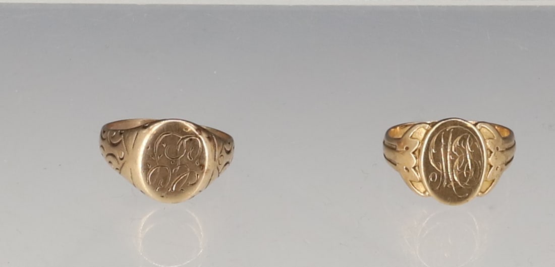 (2) VICTORIAN SIGNET 10K RINGS: MONOGRAMS SIZES 5 1/2, 6 1/4 TOTAL WEIGHT 4 DWT PLEASE READ CAREFULLY - SINCE THIS IS A JEWELRY AND COIN SALE PLEASE NOTE. ITEMS MUST BE PAID FOR THROUGH LIVE AUCTIONEERS OR WITH CASH OR CHECK