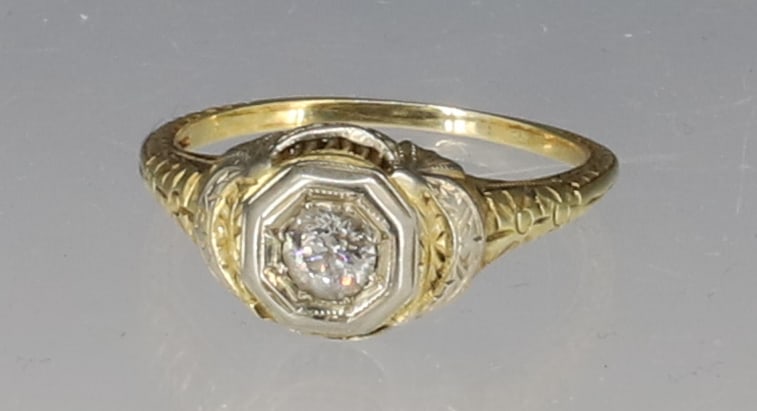 14K YELLOW/WHITE GOLD DIAMOND RING: VICTORIAN SETTING FILIGREE .25 CARAT DIAMOND SIZE 8 1/2 TOTAL WEIGHT 2. DWT PLEASE READ CAREFULLY - SINCE THIS IS A JEWELRY AND COIN SALE PLEASE NOTE. ITEMS MUST BE PAID FOR THROUGH LIVE