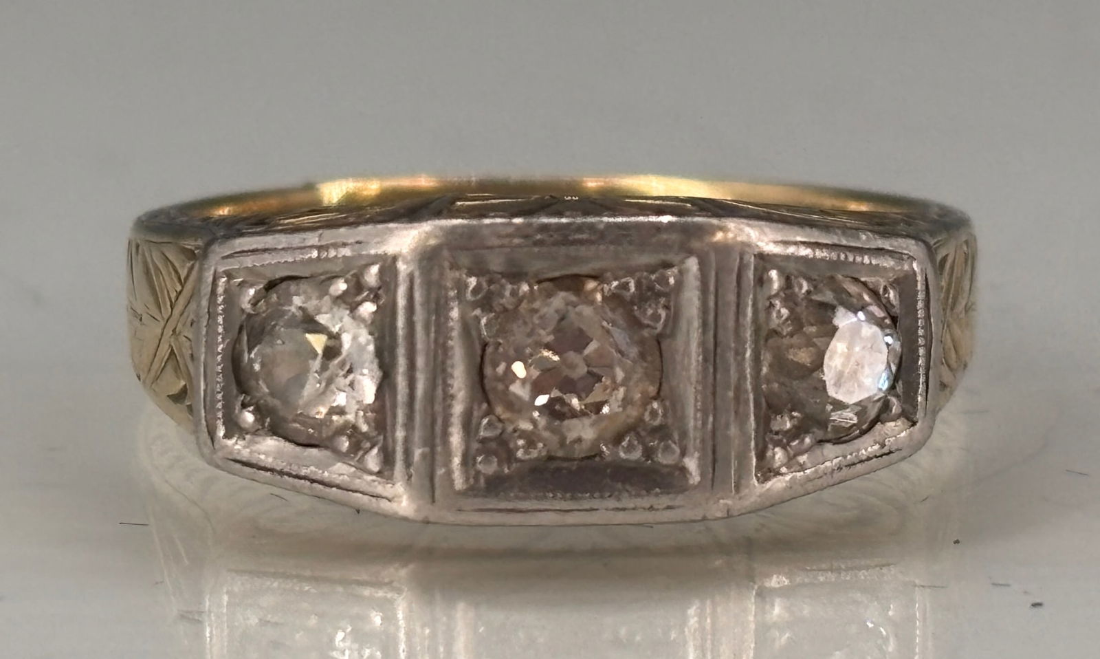 14K YELLOW MENS (3) DIAMOND RING: ENGRAVED VICTORIAN SETTING .75 CARAT (3) CLEAN DIAMONDS SIZE 9 1/2 TOTAL WEIGHT 6.4 DWT PLEASE READ CAREFULLY - SINCE THIS IS A JEWELRY AND COIN SALE PLEASE NOTE. ITEMS MUST BE PAID FOR THROUGH