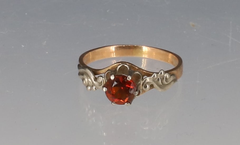 14K YELLOW GARNET RING: TESTED 14K RUSSIAN HALLMARKS SIZE 6 TOTAL 1.45 DWT PLEASE READ CAREFULLY - SINCE THIS IS A JEWELRY AND COIN SALE PLEASE NOTE. ITEMS MUST BE PAID FOR THROUGH LIVE AUCTIONEERS OR WITH CASH OR