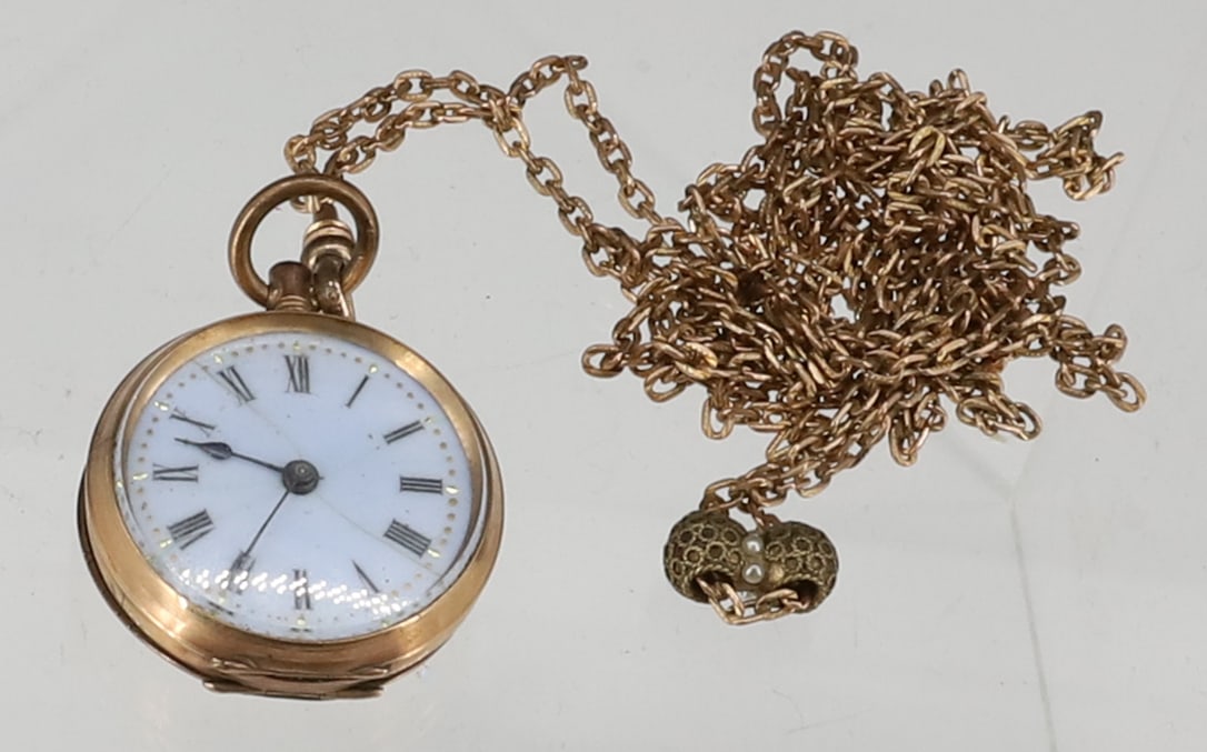 9 KT CUIVRE POCKET WATCH AND CHAIN (1 of 4)