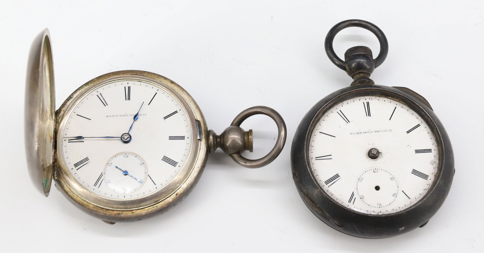 (2) ELGIN COIN SILVER CASE KEY POCKET WATCHES: BOTH KEY WIND CLOSED FACE #1475679 WITH SECOND HAND ENGRAVED CASE, OPEN FACE #2360678 WITH SECOND HAND PLAIN CASE 3 1/4" X 2 1/4" PLEASE READ CAREFULLY - SINCE THIS IS A JEWELRY AND COIN SALE