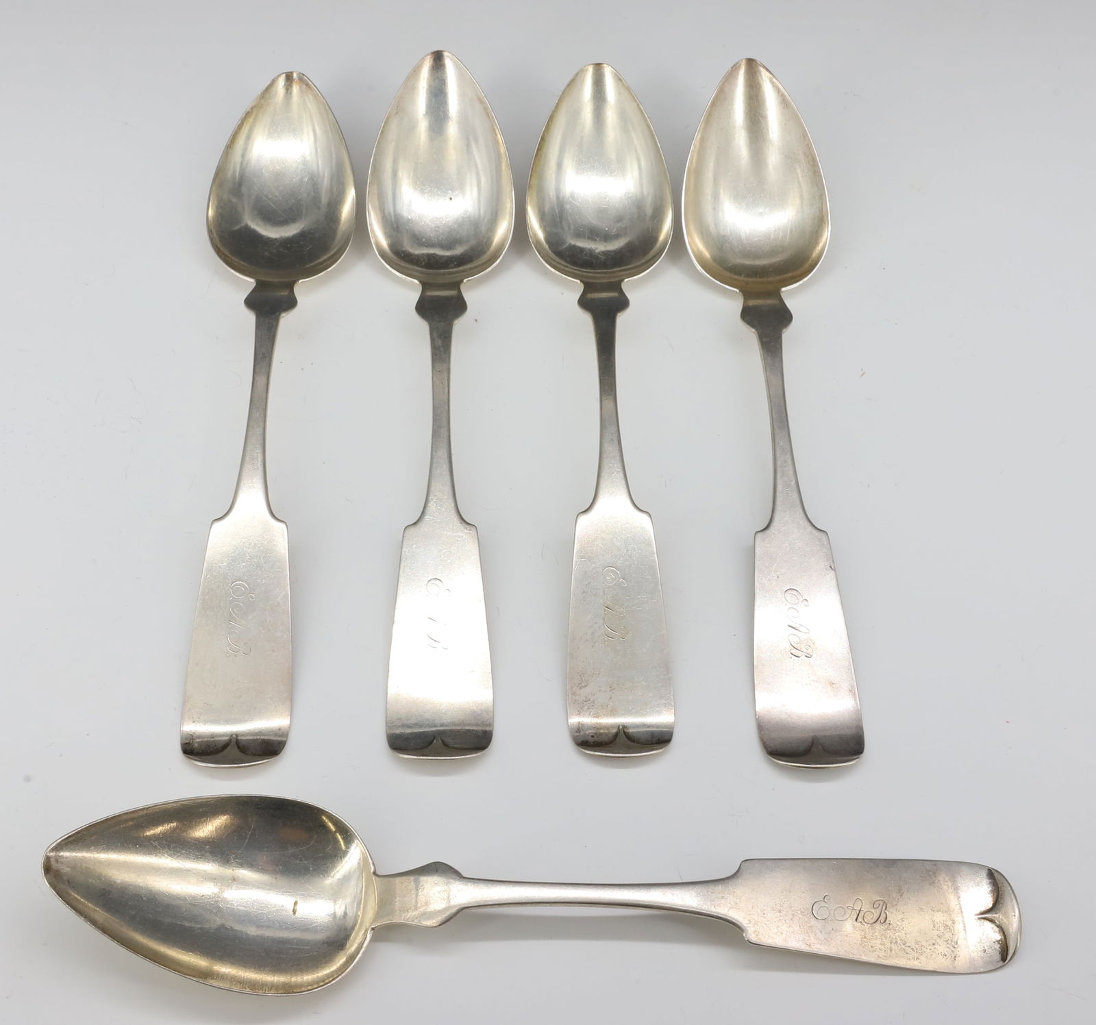 (12) AMERICAN COIN SILVER TEASPOONS: (12) MATCHING TEASPOONS MONOGRAM, PETERSON AND PSEUDO HALLMARKS, 6 1/4"L TOTAL WEIGHT 7.88 OZT PLEASE READ CAREFULLY - SINCE THIS IS A JEWELRY AND COIN SALE PLEASE NOTE. ITEMS MUST BE PAID FOR THROUGH