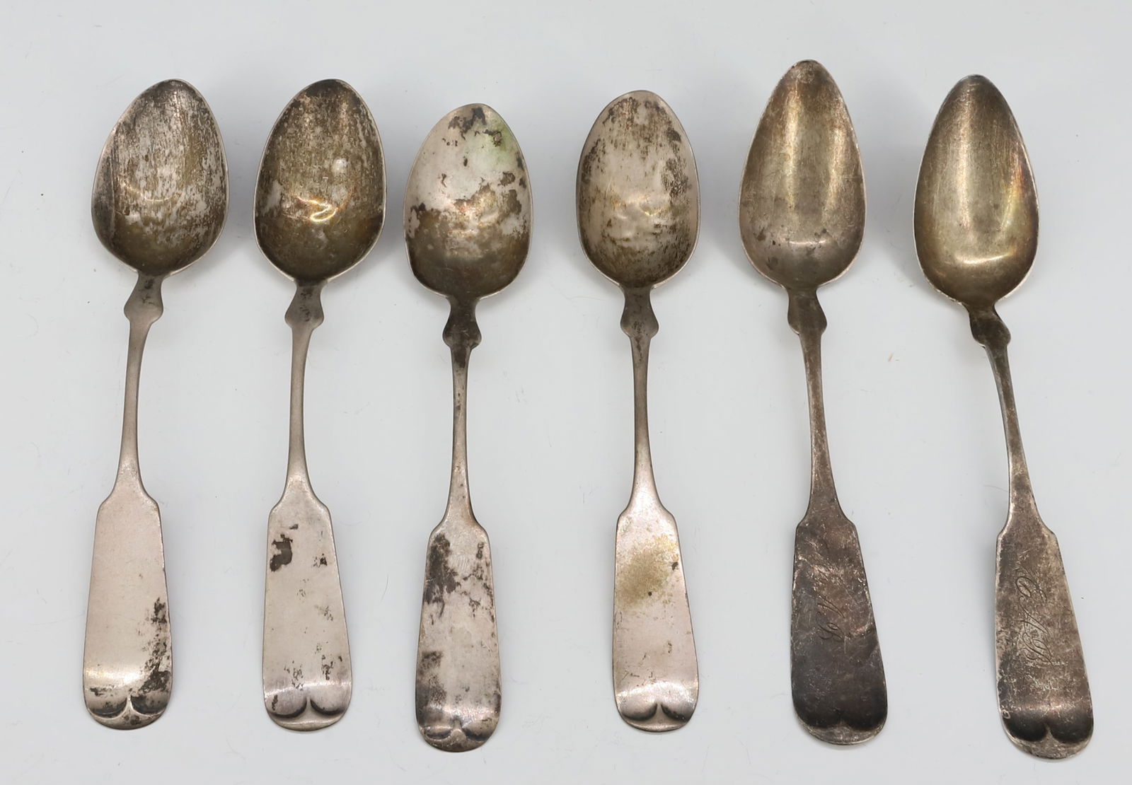 (6) STERLING SILVER TEASPOONS: EARLY GORHAM MARK ON TWO, MONOGRAMS, 5 7/8" TOTAL WEIGHT 2.7 OZT PLEASE READ CAREFULLY - SINCE THIS IS A JEWELRY AND COIN SALE PLEASE NOTE. ITEMS MUST BE PAID FOR THROUGH LIVE AUCTIONEERS OR WITH CASH