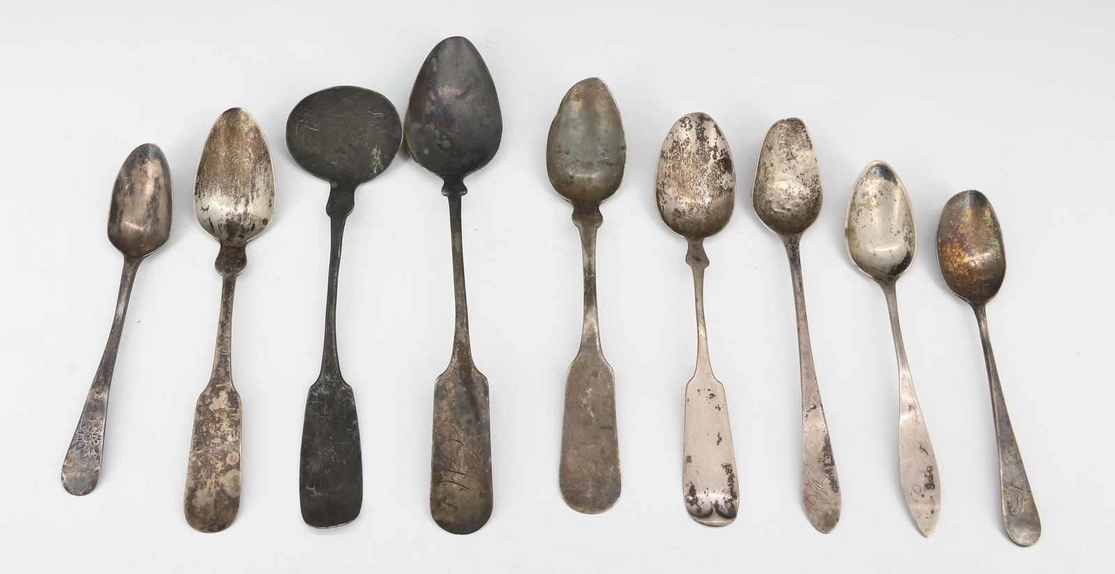 (9) COIN SILVER SPOONS/LADLE: SAUCE LADLE N.MATSON, (2) SMALL BRITISH SPOONS, ETC 4 3/4" TO 6 1/4"L TOTAL WEIGHT 4.45 OZT PLEASE READ CAREFULLY - SINCE THIS IS A JEWELRY AND COIN SALE PLEASE NOTE. ITEMS MUST BE PAID FOR