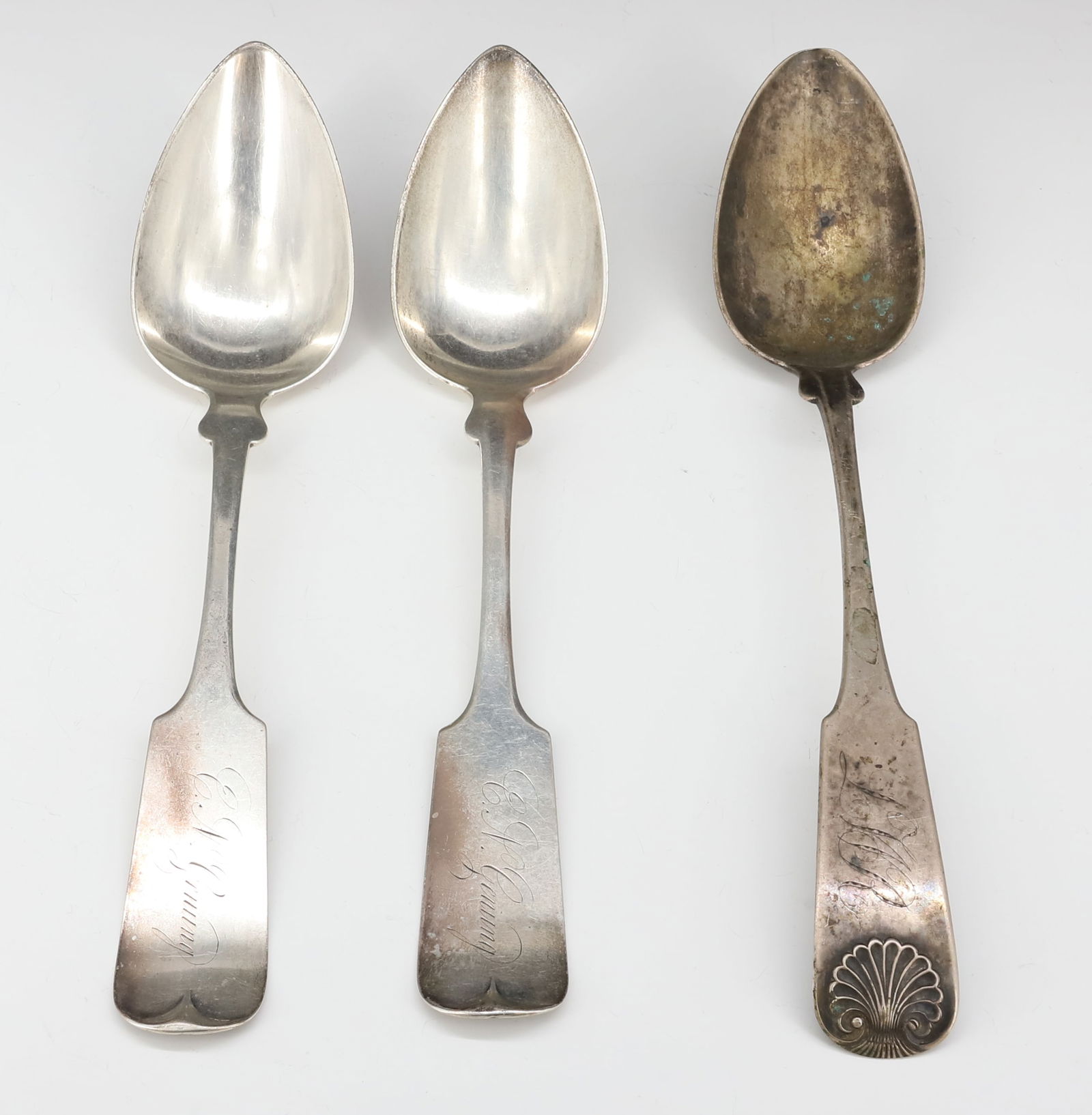 (3) AMERICAN COIN SILVER SPOONS: PAIR AND SINGLE FRANCES BROWN AND BESSAC SHELL MOTIF ON BESSAC MONOGRAMS 8 3/4",9"L TOTAL WEIGHT 5.2 OZT PLEASE READ CAREFULLY - SINCE THIS IS A JEWELRY AND COIN SALE PLEASE NOTE. ITEMS