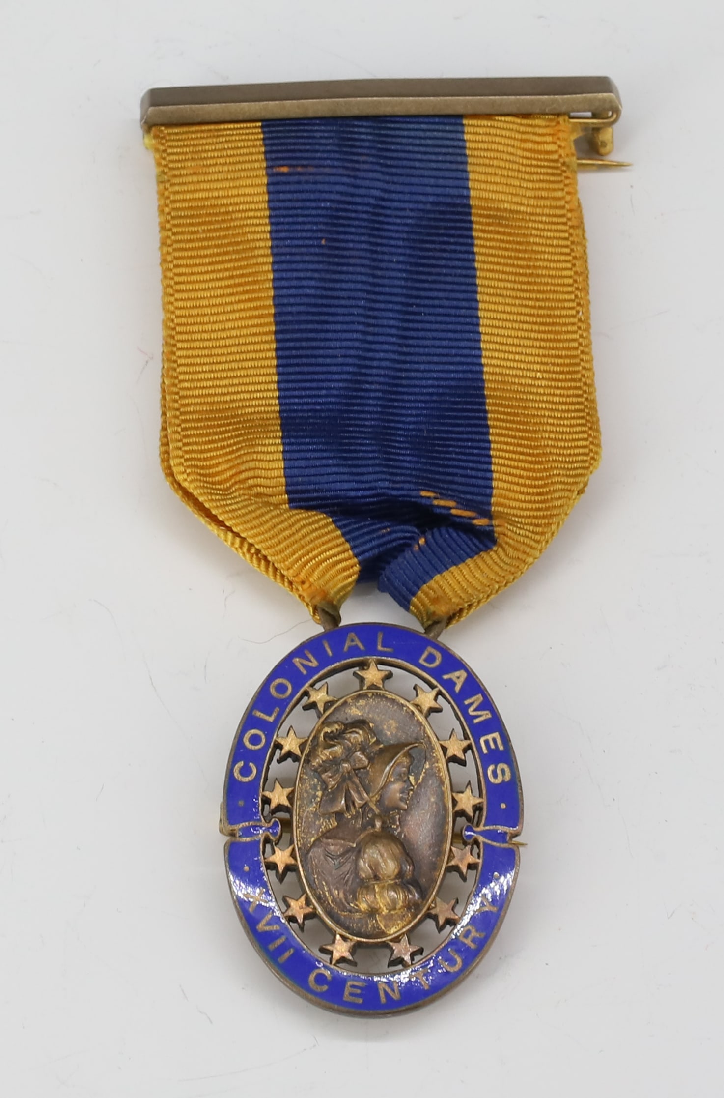 COLONIAL DAMES XVII CENTURY MEDAL: CALDWELL SILVER ENAMEL MEDAL 3"L PLEASE READ CAREFULLY - SINCE THIS IS A JEWELRY AND COIN SALE PLEASE NOTE. ITEMS MUST BE PAID FOR THROUGH LIVE AUCTIONEERS OR WITH CASH OR CHECK IN PERSON - 