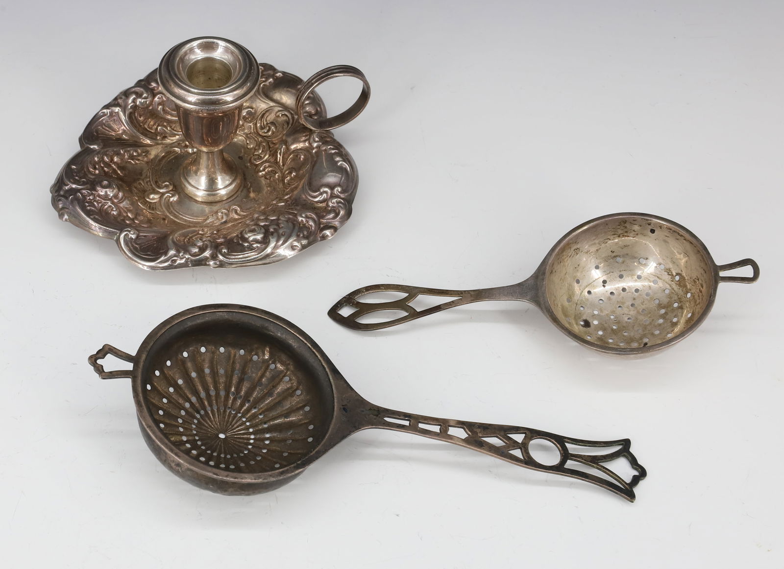 (3) STERLING SILVER CHAMBERSTICK AND TEA STRAINERS (1 of 3)