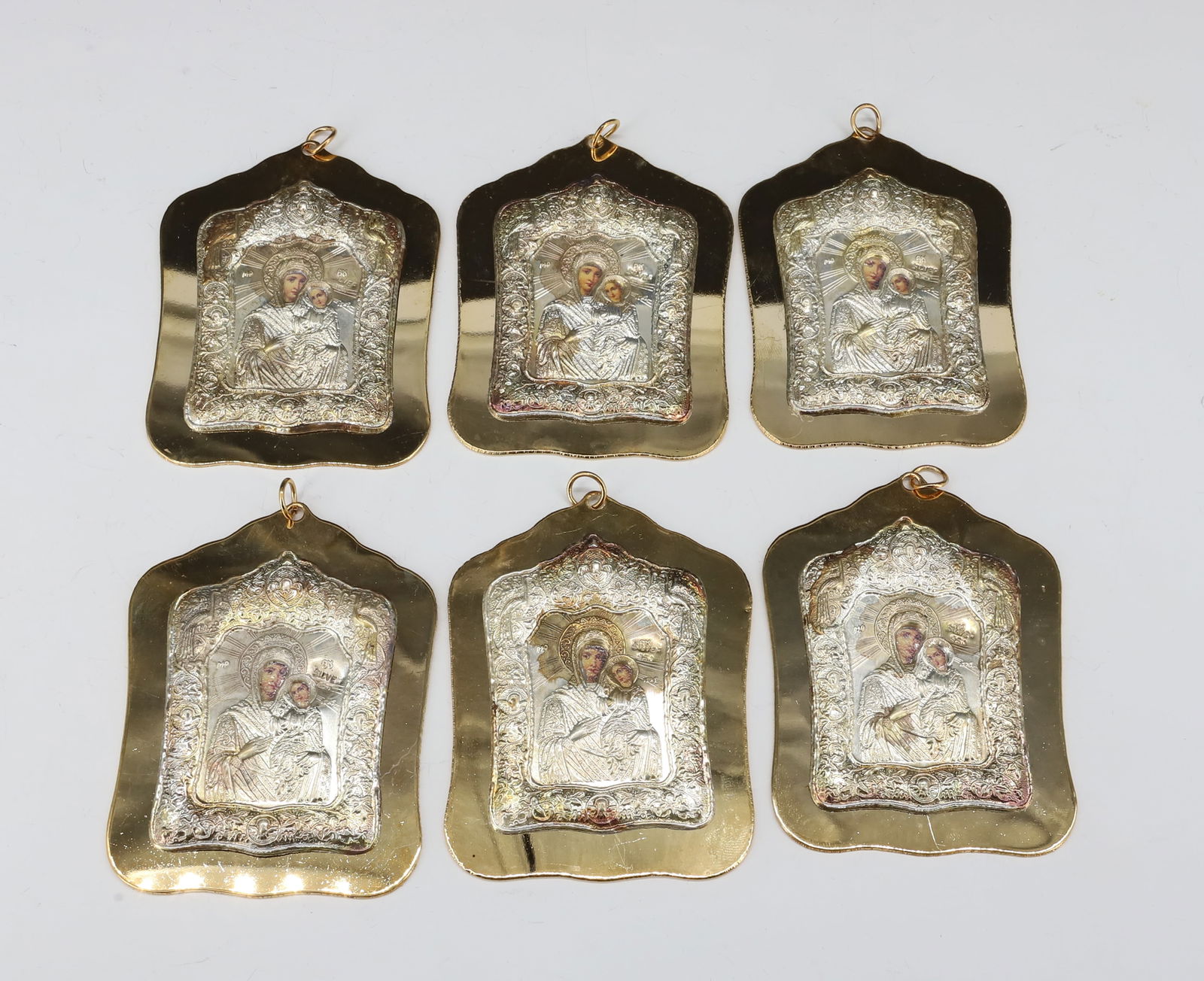 (6) 950 SILVER GREEK ICON PENDANTS: MADONNA ICON WITH 950 SILVER COVER MOUNTED ON GOLD PLATED BACK. 3 1/2" X 2 1/2" THESE PROCEEDS WILL BENEFIT THE BANGOR POLICE DEPARTMENT CANINE UNIT PLEASE READ CAREFULLY - SINCE THIS IS A