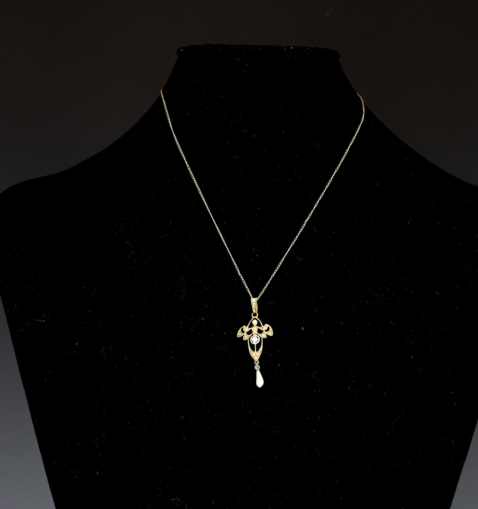 14K DIAMOND LAVALIER NECKLACE: ART NOUVEAU PENDANT SET WITH SEED PEARL, DIAMOND, SAPPHIRE. CHAIN 16" PENDANT 1 5/8"L TOTAL WEIGHT 1.25 DWT PLEASE READ CAREFULLY - SINCE THIS IS A JEWELRY AND COIN SALE PLEASE NOTE. ITEMS MUST