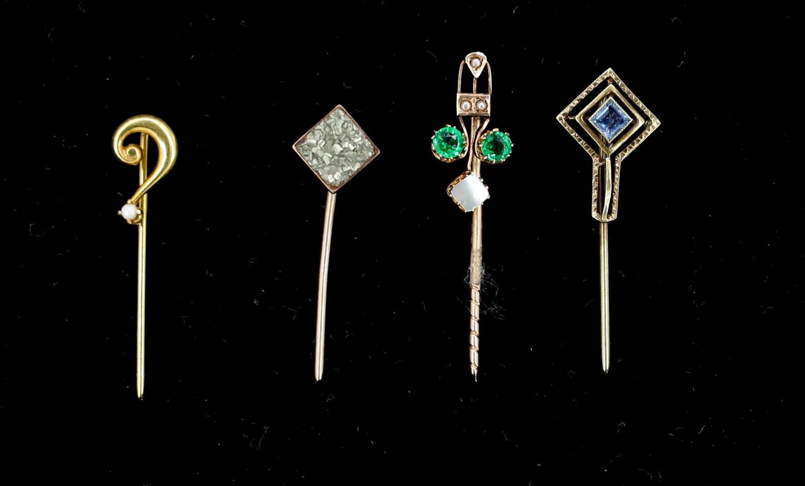 (4) VICTORIAN 14K GOLD STICK PINS: SAPPHIRE , IRON PYRITE, QUESTION MARK, GREEN STONES AND MOTHER OF PEARL TESTED 14K TOTAL WEIGHT 3. DWT PLEASE READ CAREFULLY - SINCE THIS IS A JEWELRY AND COIN SALE PLEASE NOTE. ITEMS MUST BE