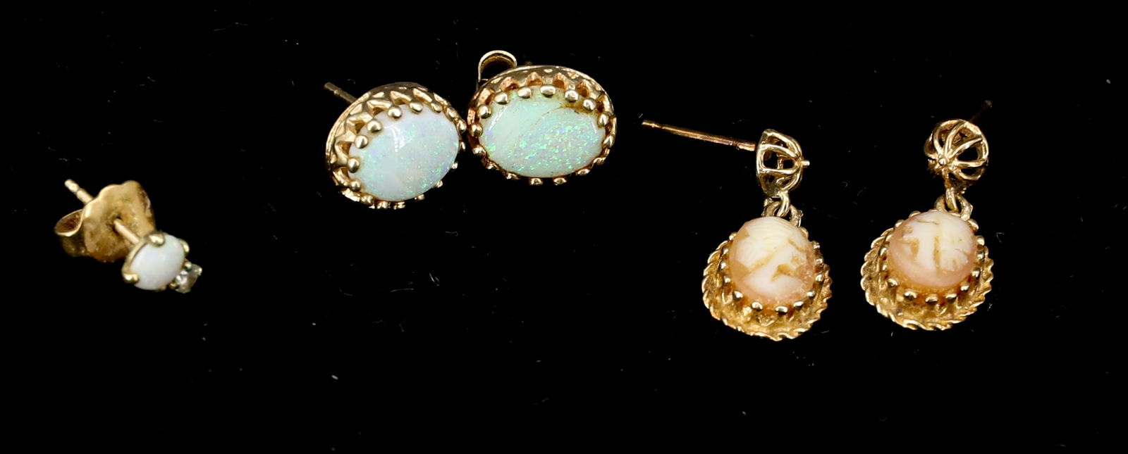 (5) 14K GOLD EARRINGS: ONE PAIR OF OPALS, ONE PAIR OF DROP CAMEOS AND ONE SINGLE OPAL 3/8" TO 7/8" TOTAL WEIGHT 3.2 DWT PLEASE READ CAREFULLY - SINCE THIS IS A JEWELRY AND COIN SALE PLEASE NOTE. ITEMS MUST BE PAID FOR