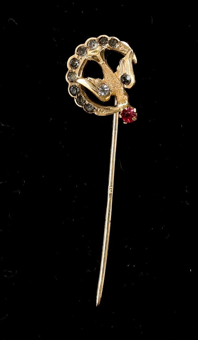 VICTORIAN 10K GOLD STICK PIN: IN VELVET BOX BIRD AND CRESCENT WITH RHINESTONE 2 3/8" TOTAL .6 DWT PLEASE READ CAREFULLY - SINCE THIS IS A JEWELRY AND COIN SALE PLEASE NOTE. ITEMS MUST BE PAID FOR THROUGH LIVE AUCTIONEERS