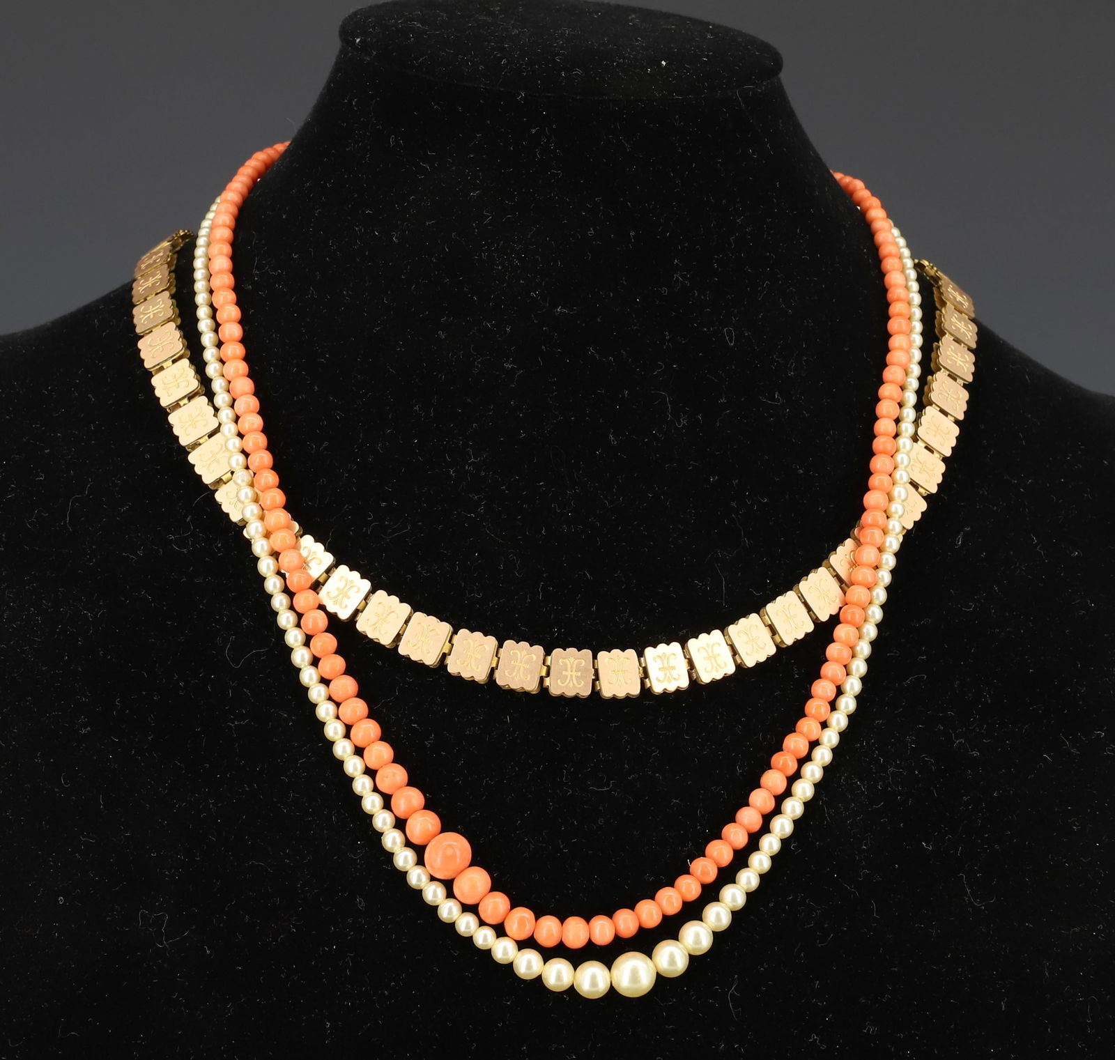 (3) VICTORIAN BOOK CHAIN, CORAL BEADS AND PEARLS: GOLD FILLED VICTORIAN BOOK CHAIN 17"L, FAUX PEARLS WITH 14K WHITE GOLD/DIAMOND CATCH 19"L,CORAL BEADS WITH GOLD FILLED CATCH 18 1/2"L PLEASE READ CAREFULLY - SINCE THIS IS A JEWELRY AND COIN SALE