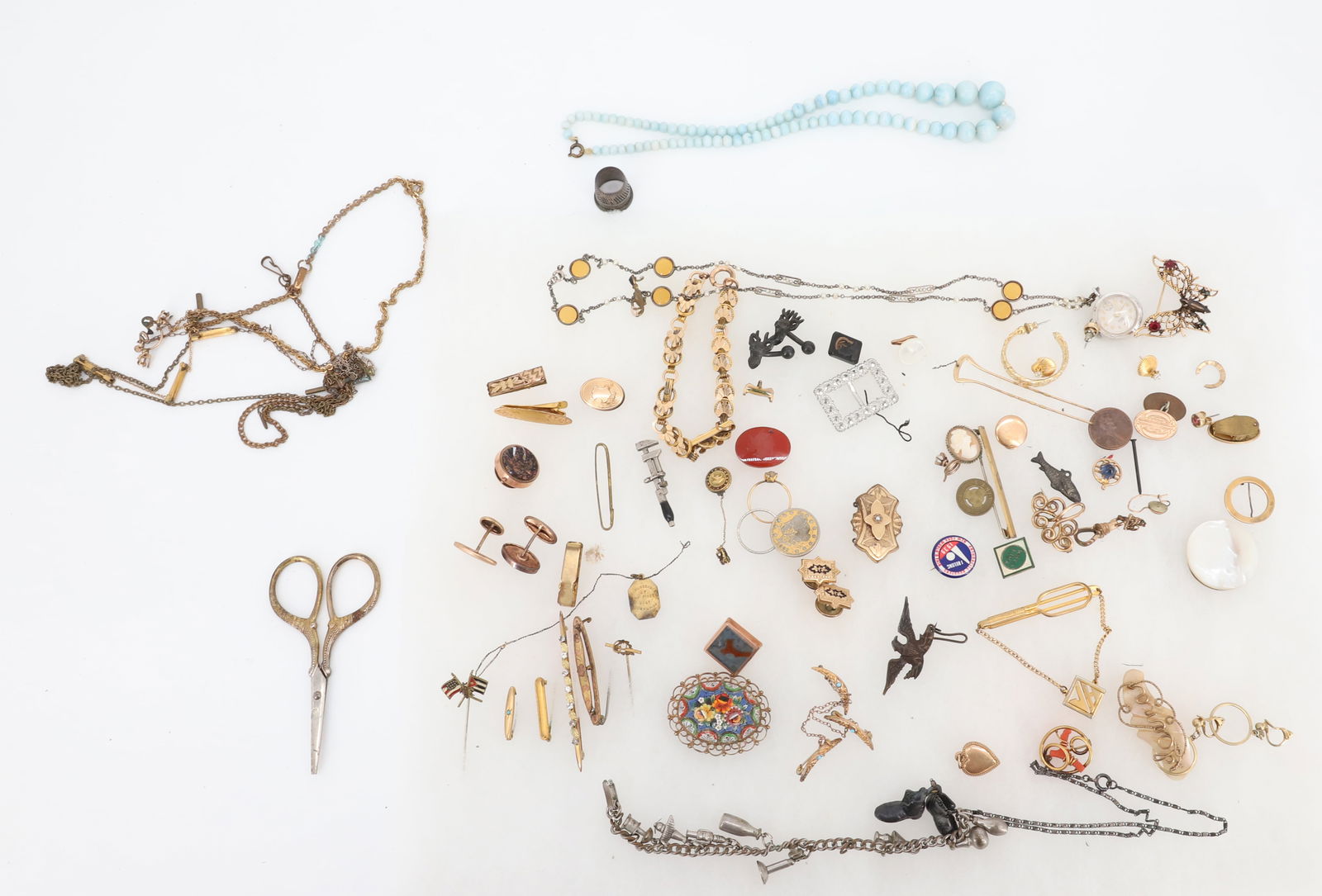 VICTORIAN GOLD FILLED JEWELRY AND OTHER: BROOCHES, CUFF STUDS, WATCH WITH CHAIN, GOLD FILLED VICTORIAN BRACELET, CRESCENT LINGERIE PINS ON CHAIN, TANGLED CHAINS, JEWELRY FINDING ETC PLEASE READ CAREFULLY - SINCE THIS IS A JEWELRY AND COIN