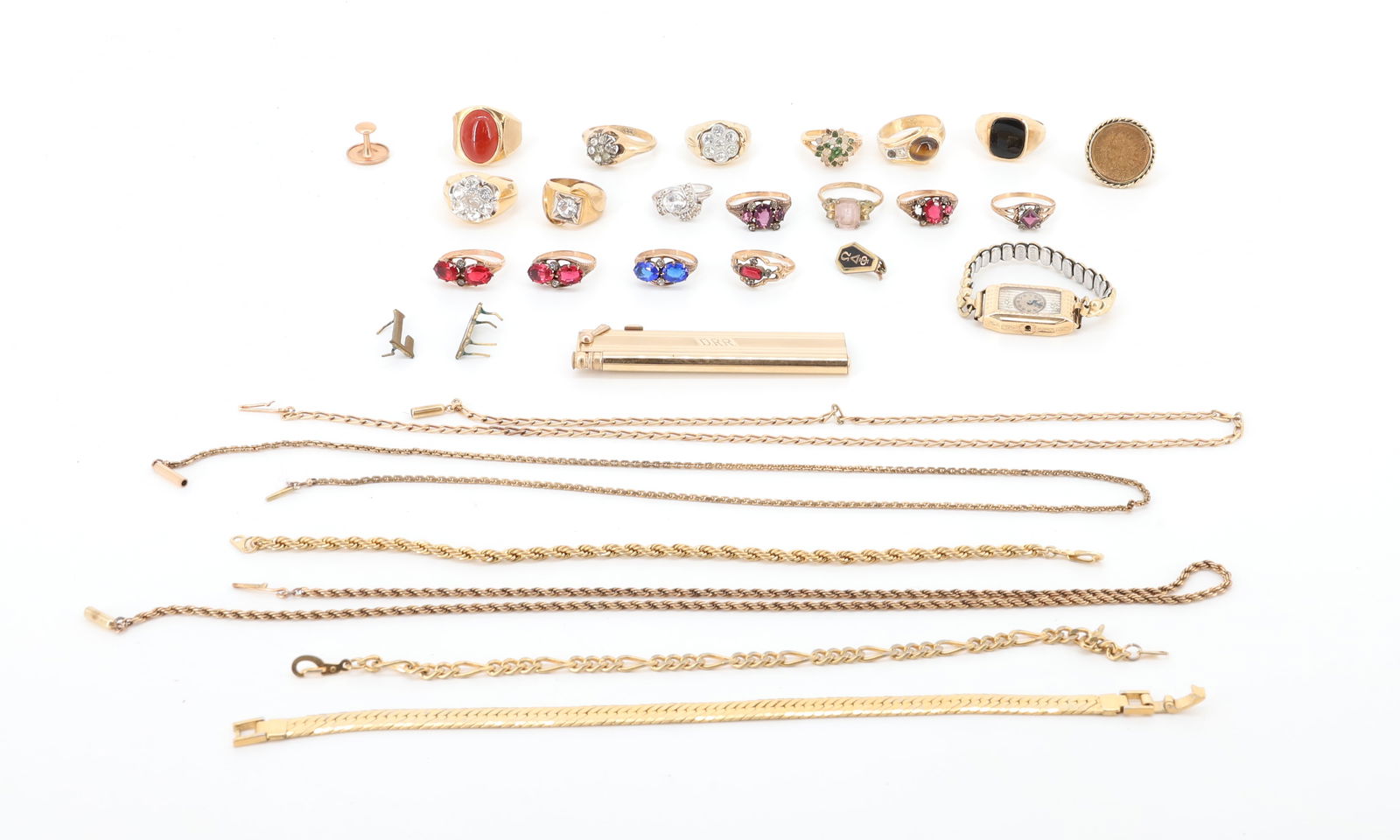 VINTAGE NEW OLD STOCK RINGS AND GOLD FILLED: (17) RINGS SIZES 7 TO 10, GOLD FILLED CHAINS, WATCH ETC PLEASE READ CAREFULLY - SINCE THIS IS A JEWELRY AND COIN SALE PLEASE NOTE. ITEMS MUST BE PAID FOR THROUGH LIVE AUCTIONEERS OR WITH CASH