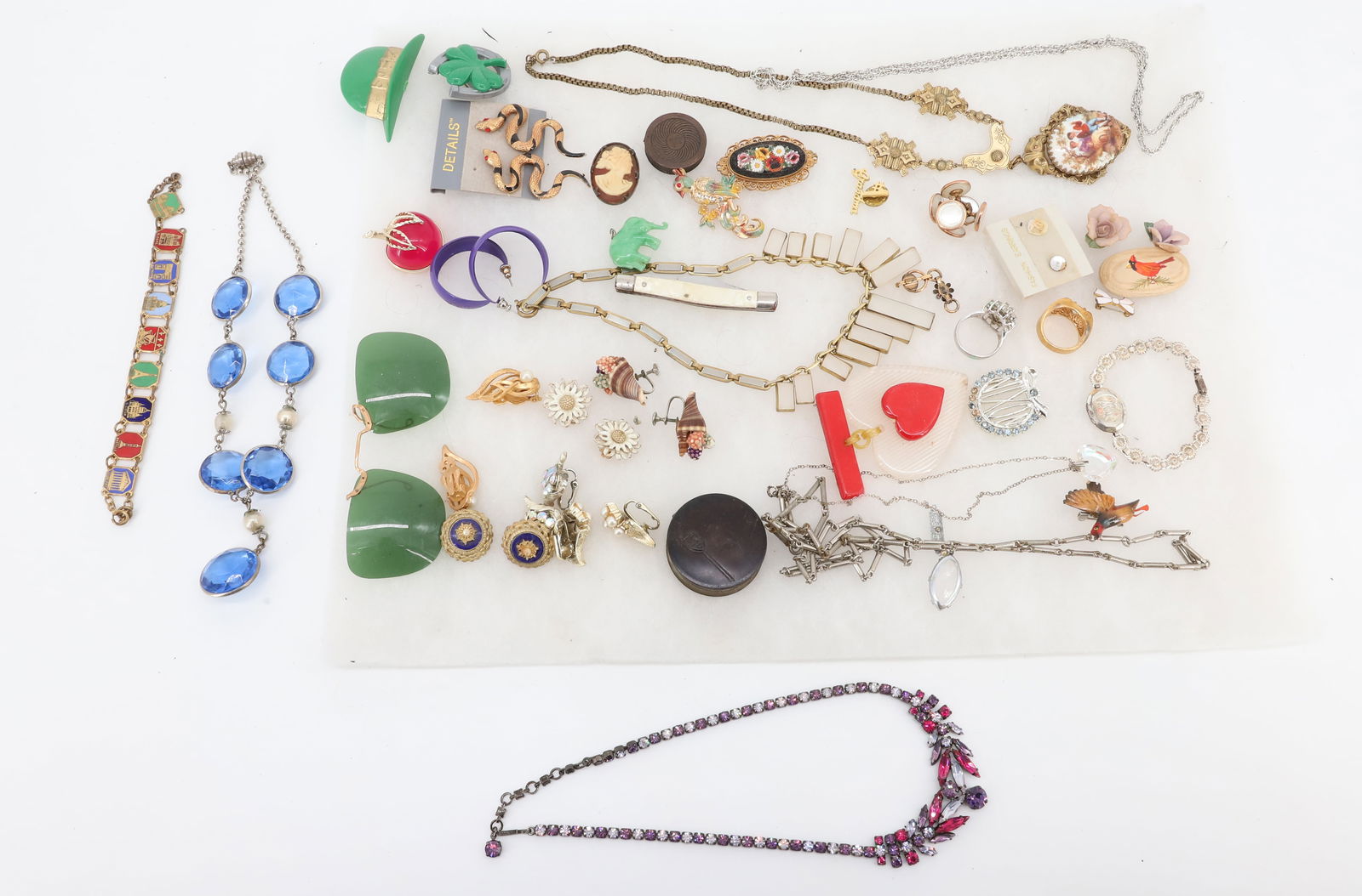 VINTAGE JEWELRY LOT: ART DECO GLASS NECKLACE, SOUVENIR BRACELET, LUCITE RED HEART BROOCH,SNAKE EARRINGS, EARRINGS ETC PLEASE READ CAREFULLY - SINCE THIS IS A JEWELRY AND COIN SALE PLEASE NOTE. ITEMS MUST BE PAID FOR