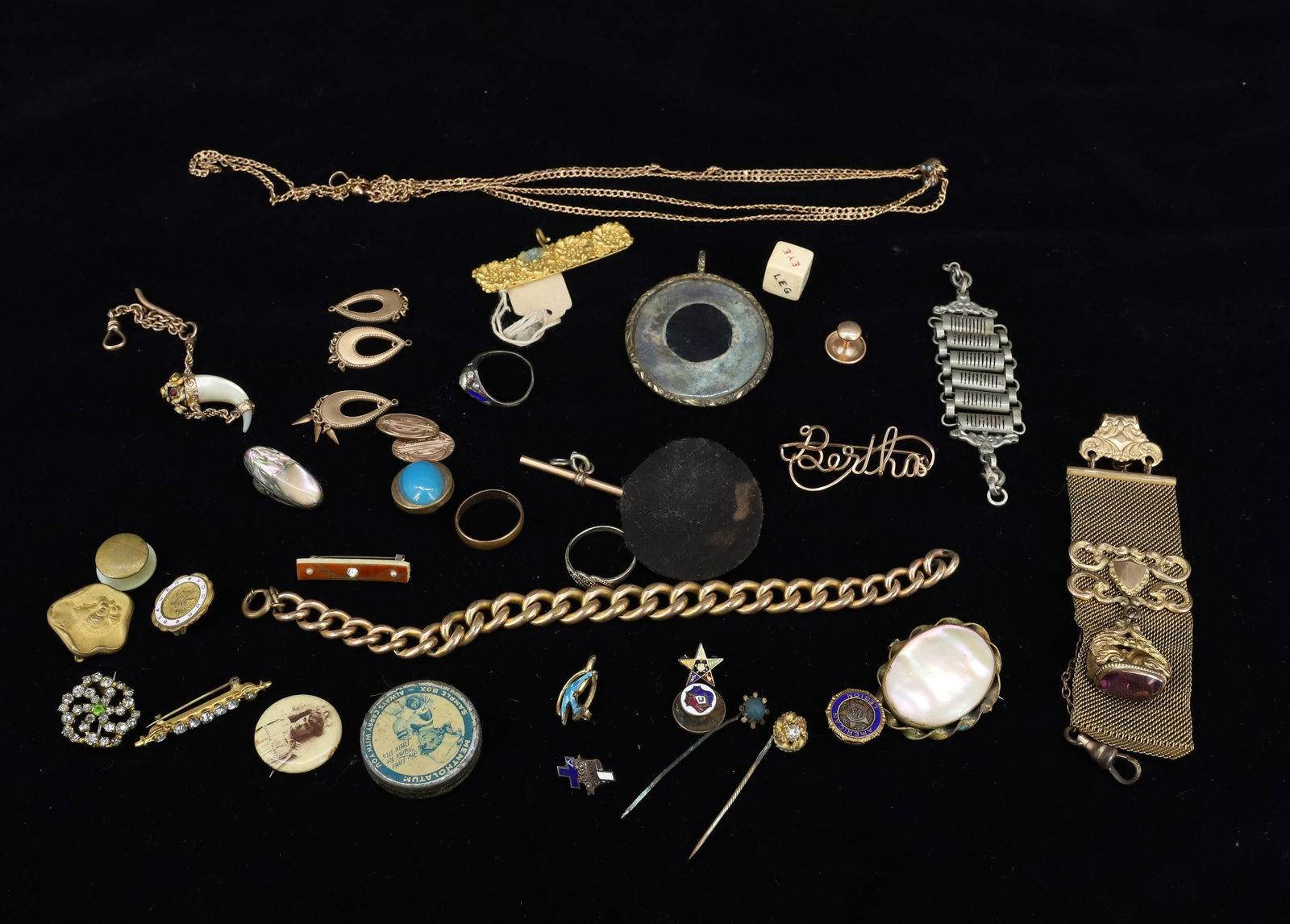 VICTORIAN GOLD FILLED JEWELRY AND OTHER: WATCH FOB WITH JEWEL CHARM, GOLD FILLED HEAVY BRACELET,GOLD FILLED WATCH CHAIN AND SLIDE 60", WATCH FOB WITH CORNUCOPIA MOTHER OF PEARL CHARM ETC PLEASE READ CAREFULLY - SINCE THIS IS A JEWELRY