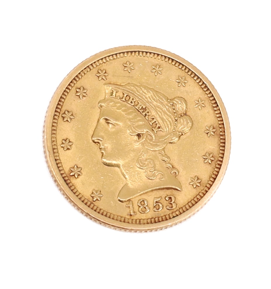 1853 LIBERTY HEAD GOLD $2.50: $2.50 GOLD COIN - LIBERTY HEAD PLEASE READ CAREFULLY - SINCE THIS IS A JEWELRY AND COIN SALE PLEASE NOTE. ITEMS MUST BE PAID FOR THROUGH LIVE AUCTIONEERS OR WITH CASH OR CHECK IN PERSON - Terms