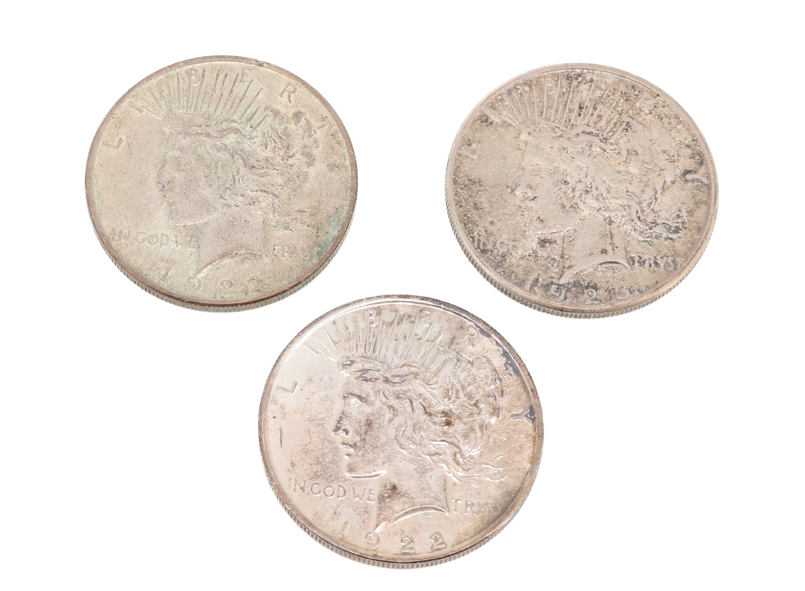 (3) PEACE DOLLARS: 1922, 1923, AND 1926 PLEASE READ CAREFULLY - SINCE THIS IS A JEWELRY AND COIN SALE PLEASE NOTE. ITEMS MUST BE PAID FOR THROUGH LIVE AUCTIONEERS OR WITH CASH OR CHECK IN PERSON - Terms for