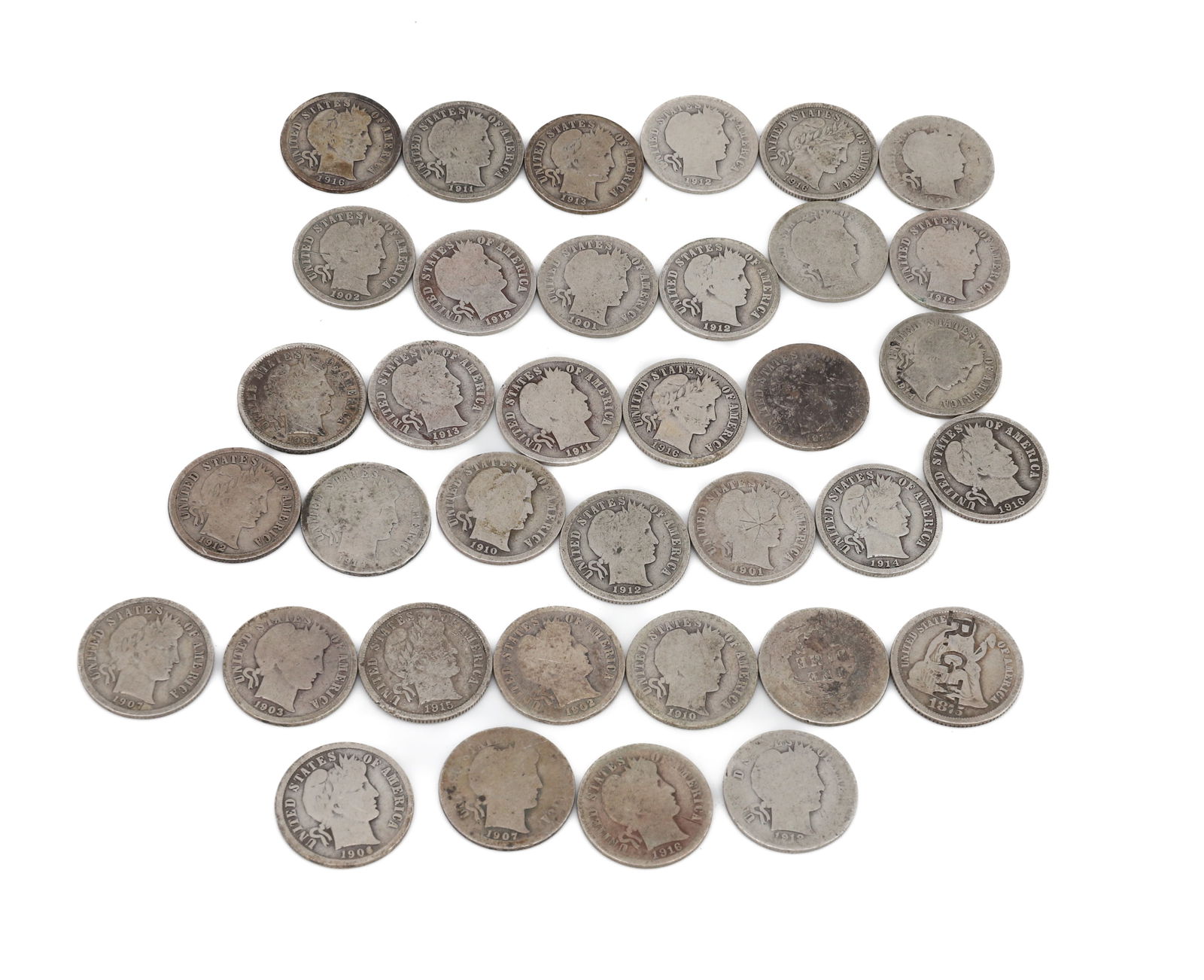 $3.50 FACE VALUE OF BARBER DIMES: VARIOUS DATES PLEASE READ CAREFULLY - SINCE THIS IS A JEWELRY AND COIN SALE PLEASE NOTE. ITEMS MUST BE PAID FOR THROUGH LIVE AUCTIONEERS OR WITH CASH OR CHECK IN PERSON - Terms for Purchasing and