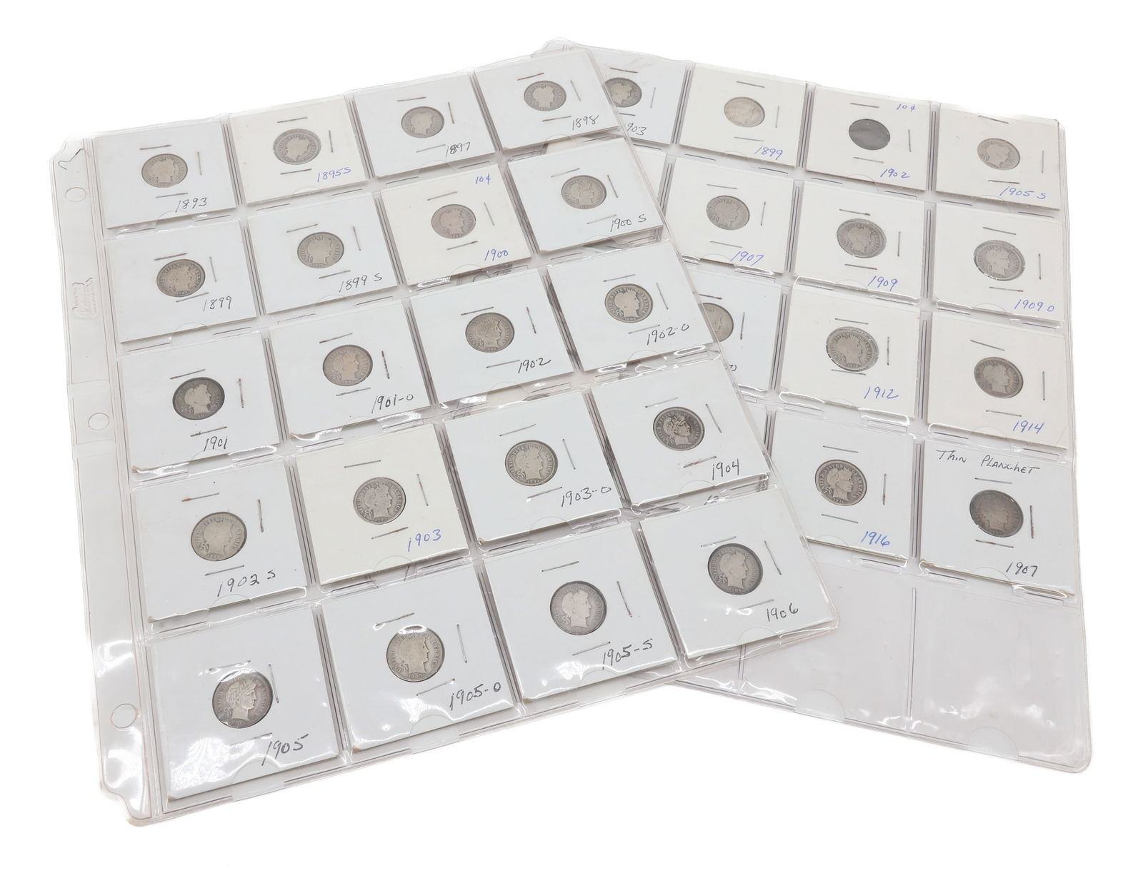 $3.20 FACE VALUE OF BARBER DIMES: VARIOUS DATES IN PLASTIC SHEETS PLEASE READ CAREFULLY - SINCE THIS IS A JEWELRY AND COIN SALE PLEASE NOTE. ITEMS MUST BE PAID FOR THROUGH LIVE AUCTIONEERS OR WITH CASH OR CHECK IN PERSON - Terms