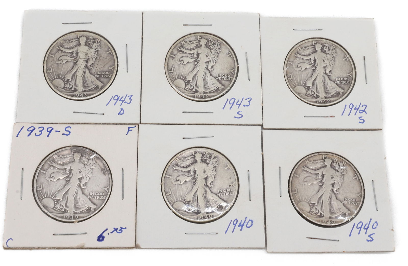 $3.00 FACE VALUE OF WALKING LIBERTY HALF DOLLARS: 1940, 1940 S, 1939 S, 1942 S, 1943 S, AND 1943 D PLEASE READ CAREFULLY - SINCE THIS IS A JEWELRY AND COIN SALE PLEASE NOTE. ITEMS MUST BE PAID FOR THROUGH LIVE AUCTIONEERS OR WITH CASH OR CHECK IN