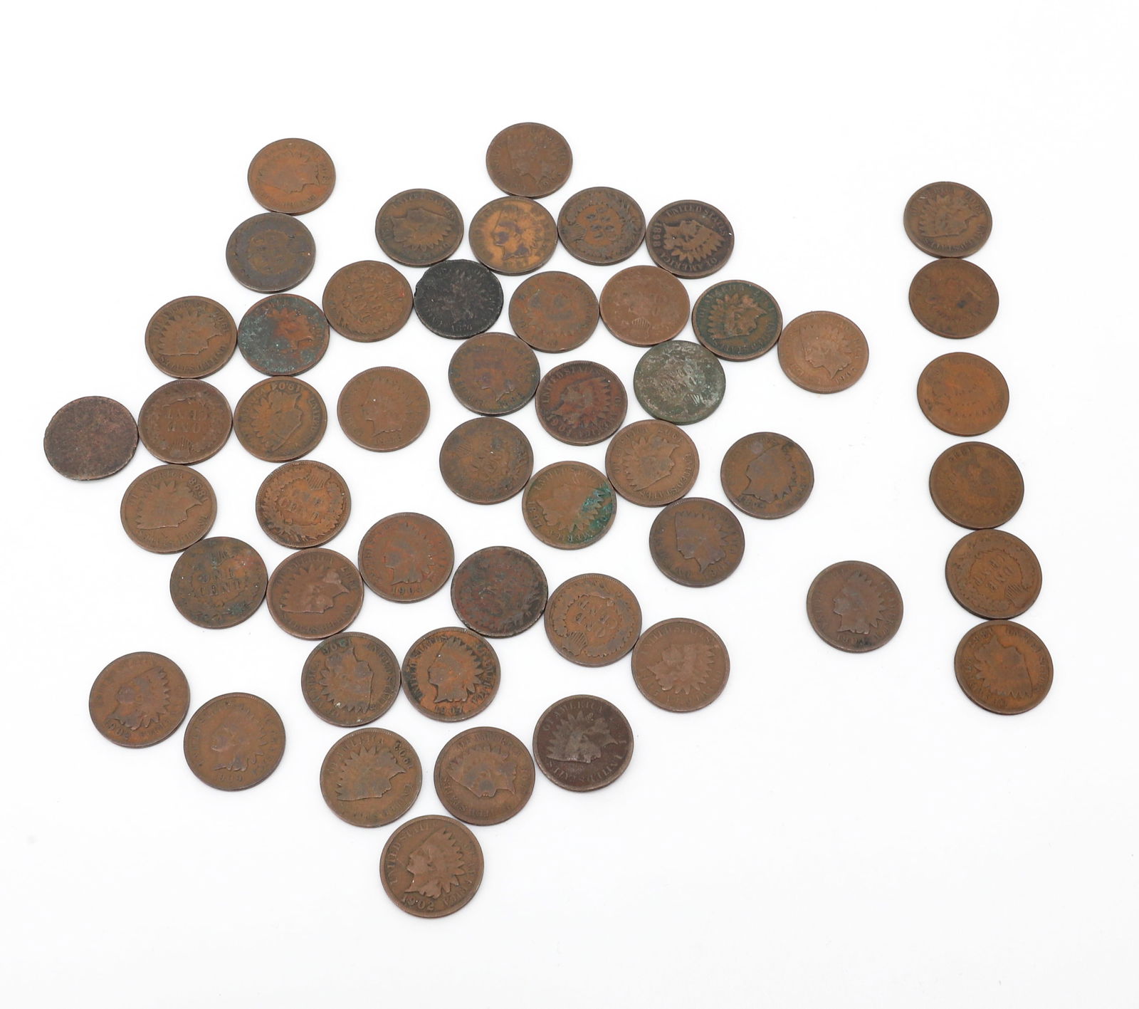 50 INDIAN HEAD CENTS: VARIOUS DATES PLEASE READ CAREFULLY - SINCE THIS IS A JEWELRY AND COIN SALE PLEASE NOTE. ITEMS MUST BE PAID FOR THROUGH LIVE AUCTIONEERS OR WITH CASH OR CHECK IN PERSON - Terms for Purchasing and