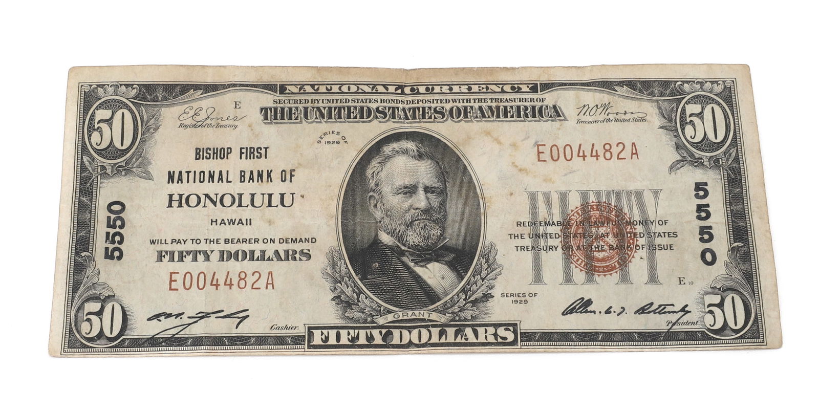 $50 HONOLULU BANK NOTE, SERIES OF 1929: BISHOP FIRST NATIONAL OF HONOLULU - #5550 PLEASE READ CAREFULLY - SINCE THIS IS A JEWELRY AND COIN SALE PLEASE NOTE. ITEMS MUST BE PAID FOR THROUGH LIVE AUCTIONEERS OR WITH CASH OR CHECK IN PERSON