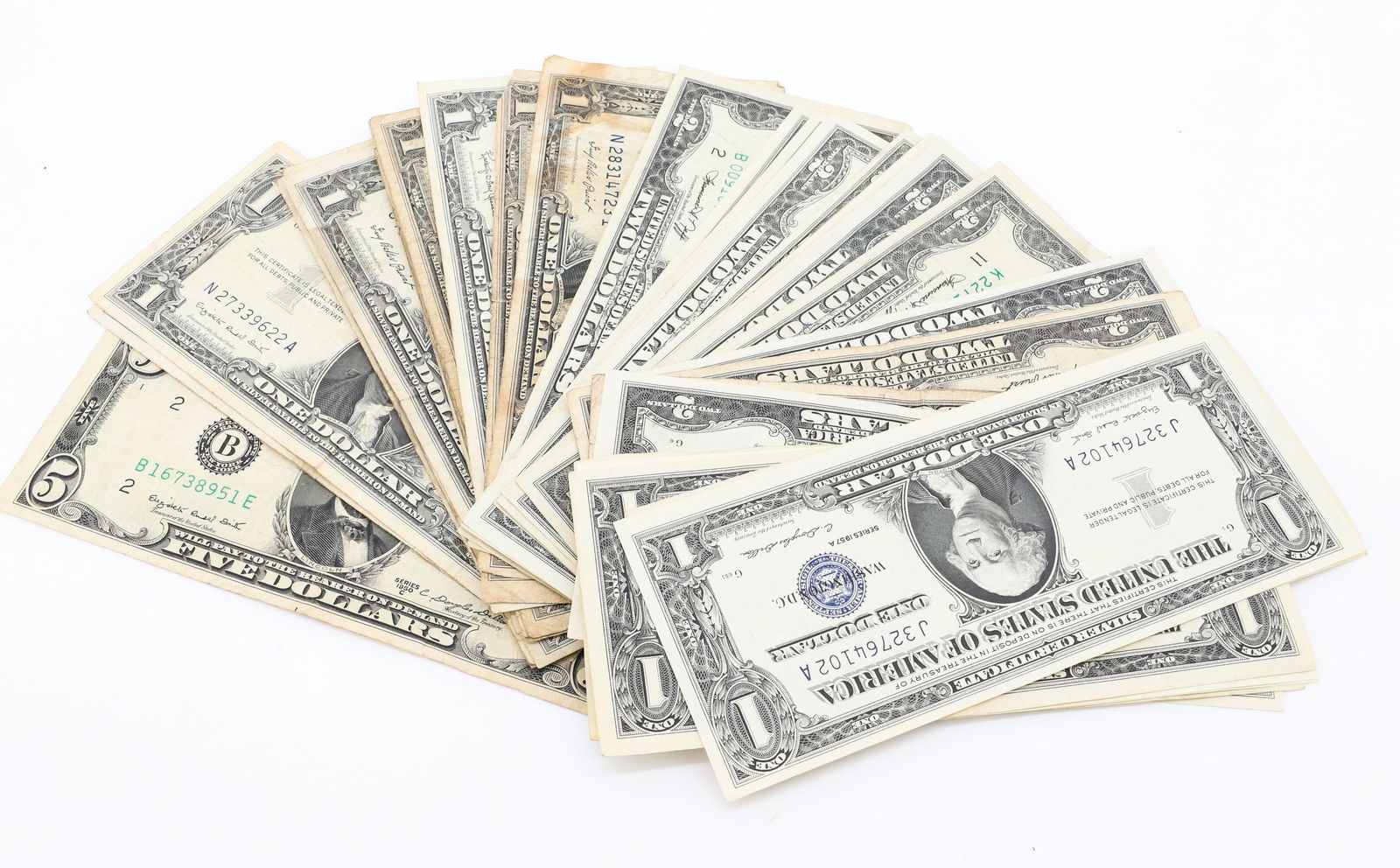 EARLY U.S. PAPER MONEY LOT: $66.00 FACE VALUE - INCLUDING (19) SILVER CERTIFICATES, (4) RED SEAL $2.00 BILLS, RED SEAL $5.00 BILL AND MORE