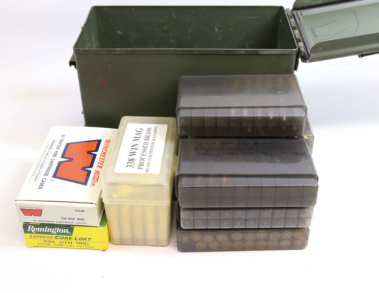 338 WINCHESTER MAGNUM AMMO: 150 PLUS ROUNDS - WITH EXTRA BRASS PLEASE READ CAREFULLY BEFORE BIDDING. ALL PAYMENTS MUST BE MADE BEFORE ITEMS CAN BE SHIPPED. BUYERS CAN PAY VIA LIVE AUCTIONEERS PAYMENT CENTER IF HAVING ITEMS