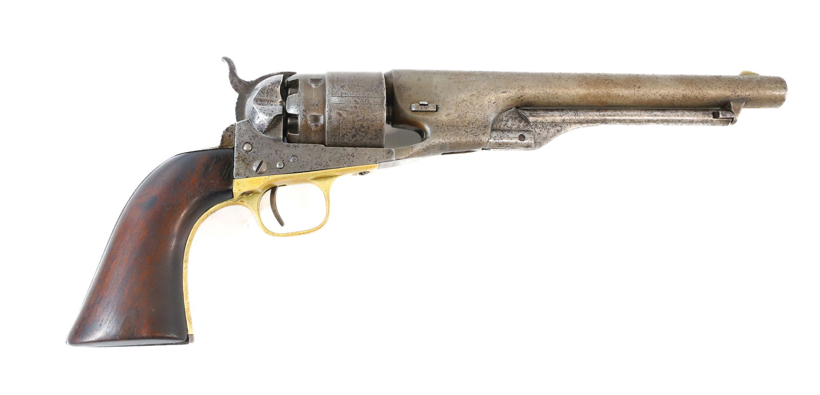 COLT MODEL 1860 ARMY REVOLVER: 44 CAL, SERIAL# 28908, 8" BARREL - ENGRAVED CYL. SCENE - ALL MATCHING NUMBERS - CARTOUCH ON GRIP "BB" ANTIQUE OR BLACK POWDER, NO REGISTRATION OR TRANSFER REQUIRED PLEASE READ CAREFULLY BEFORE BIDDING